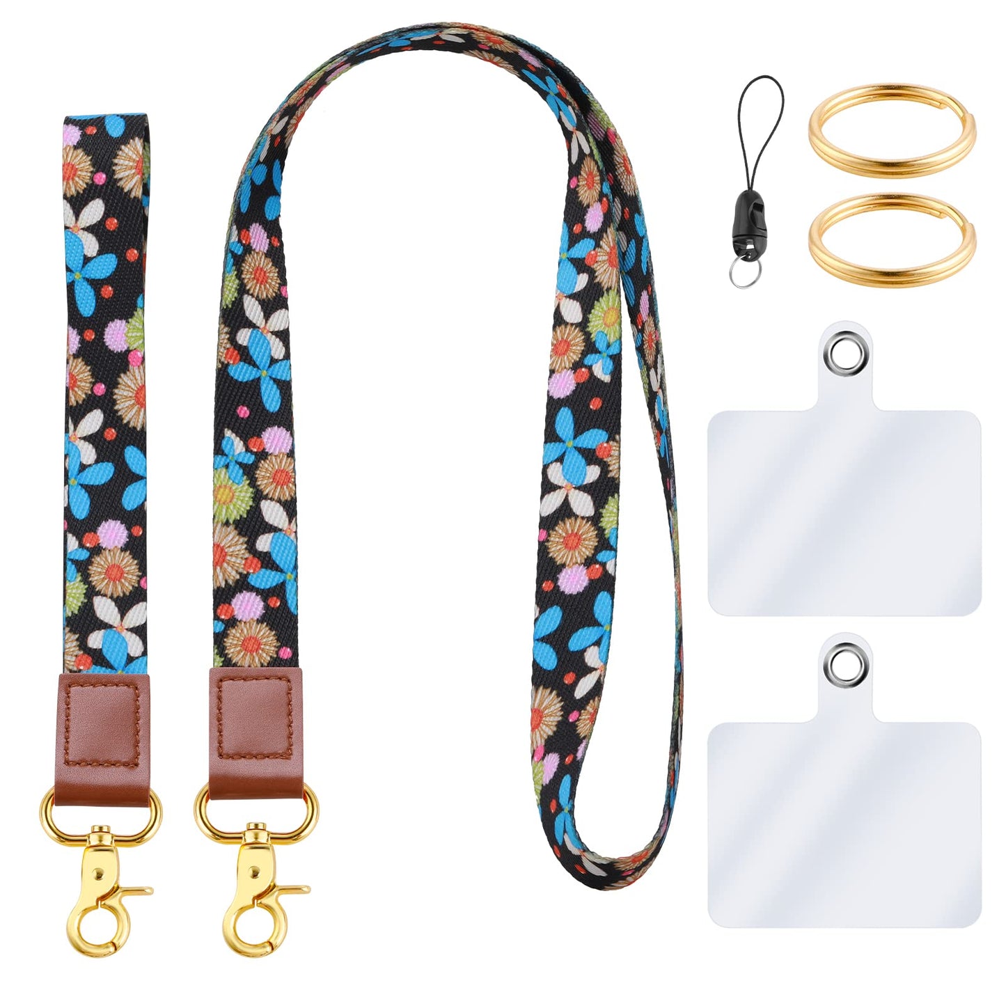 cobee Cell Phone Lanyards, Floral Print Crossbody Phone Lanyard + Stylish Phone Hand Wrist Strap Adjustable Neck Lanyard Sholder Neck Straps with 2 Pcs Transparent Pads and Metal Clasp Keyrings