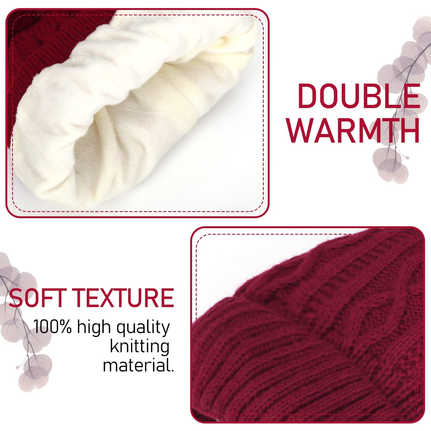 cobee Women Winter Beanie Hat,Knitted Pom Hats Warm Winter Hats with Faux Fur Pom Velvet Lined Stretchy Hat(Red)