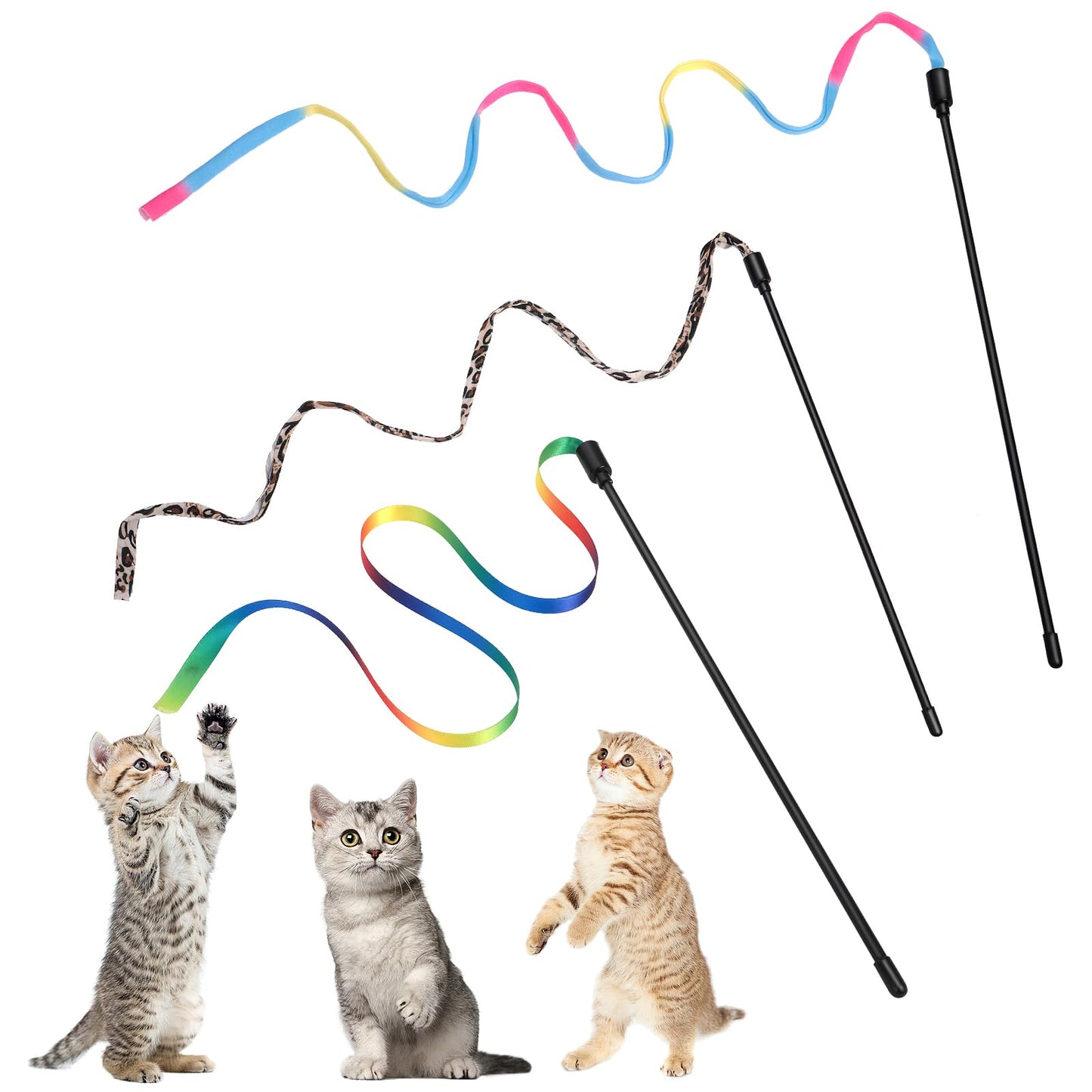 Amaxiu Cat Wand Toy Set, Interactive Cat Wand Toy with Rainbow Ribbon String, Rainbow Cloth String, Leopard Print Cloth String for Small Cats Kittens Indoor Training Catcher(3 Packs)