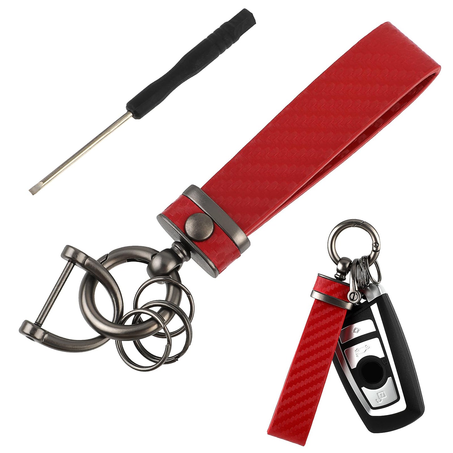 Amabro Carbon Fiber Car Keychain, Detachable Key Chain Holder 360 Degree Rotatable with Anti-Lost D-Ring Universal Auto Key Fob Wristlet Keyrings for Men Women Car Accessories Family(Red)