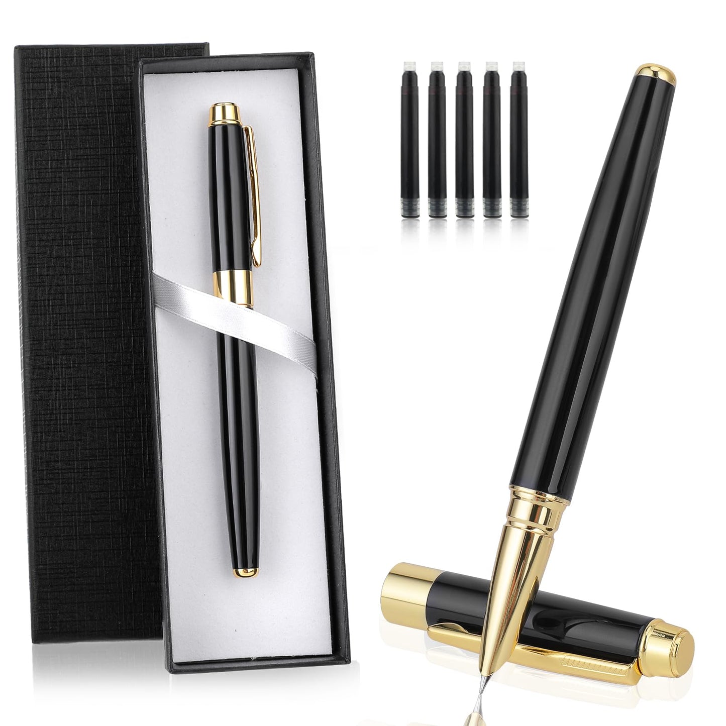 cobee Luxury Metal Fountain Pen Set, Black Lacquer Trim Fountain Pen Fine Nib Smooth Writing Pen with Ink Converter 5 Ink Cartridges Gift Box Calligraphy Pens for writing Journaling Signature
