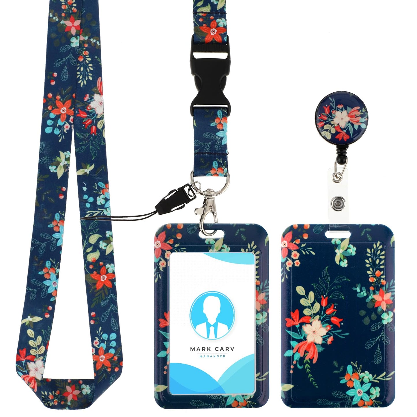 Amabro ID Badge Holder with Lanyard, Retractable Badge Reel Clip with Adjustable Lanyards Durable Neck Lanyard for Offices Staff Students Employees Teacher (Dark Blue)