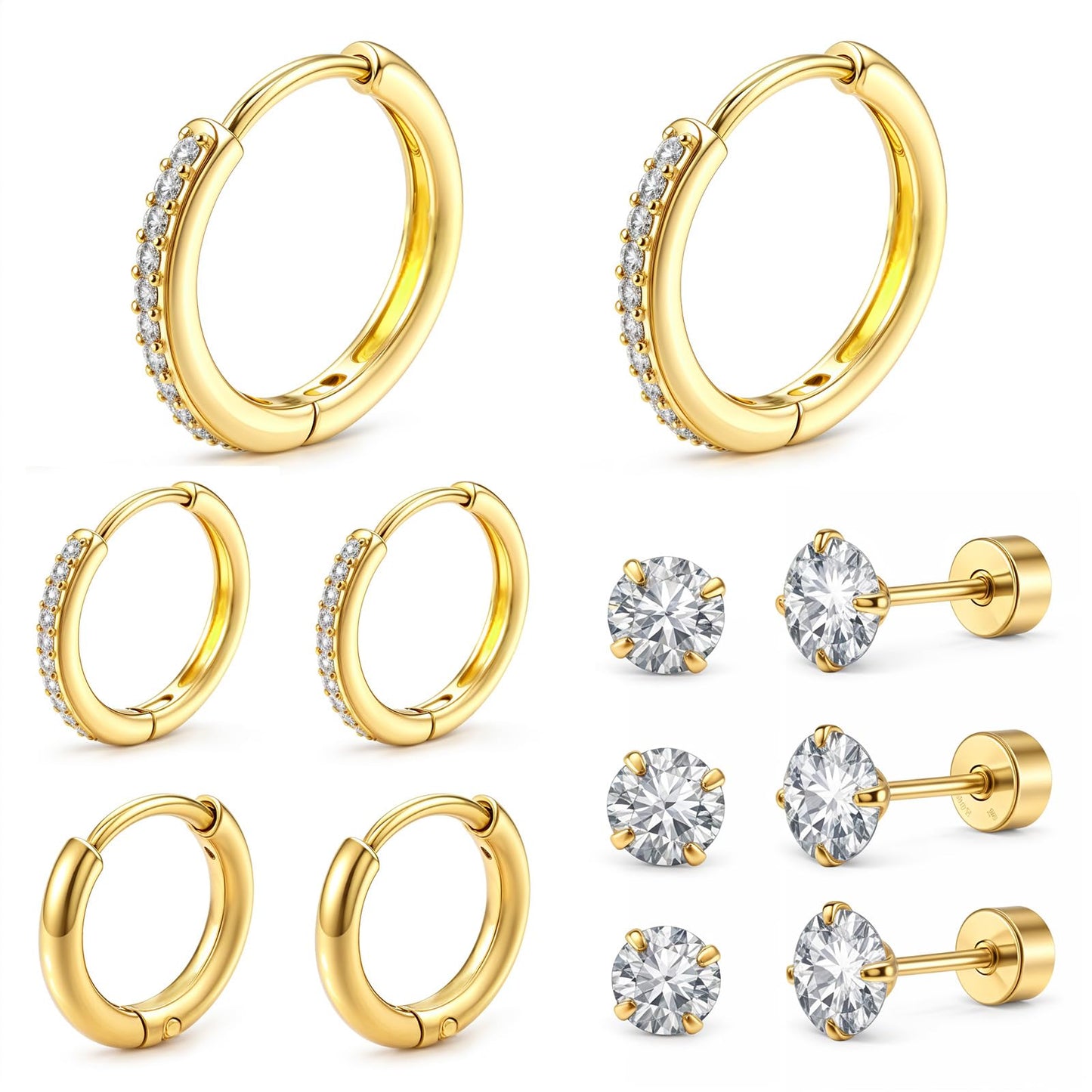 Yuanchu 6 Pairs Women's Gold Earrings Set, Stainless Steel Stud Earrings & Hoop Earrings, Gold-Plated Cubic Zirconia Stud Earrings, Hypoallergenic Cartilage Earring for Women Girls Multiple Piercings,