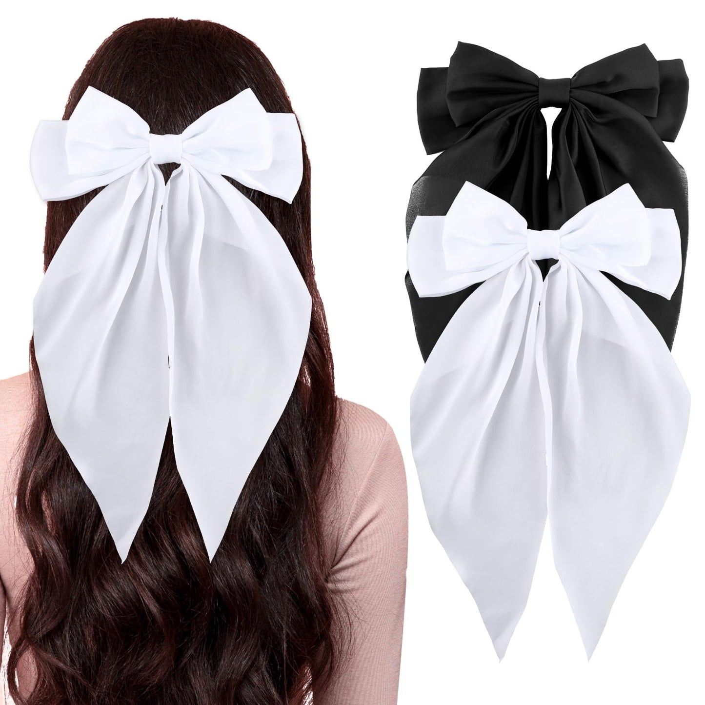 TIESOME 2 Pcs Large Hair Bow for Women, Big Bow Hair Clips Long Tail, Silky Satin Bowknot Hairclips with Alligator Clip Aesthetic Hair Accessories Oversized Bows Hair Barrettes for Party(Black+White)