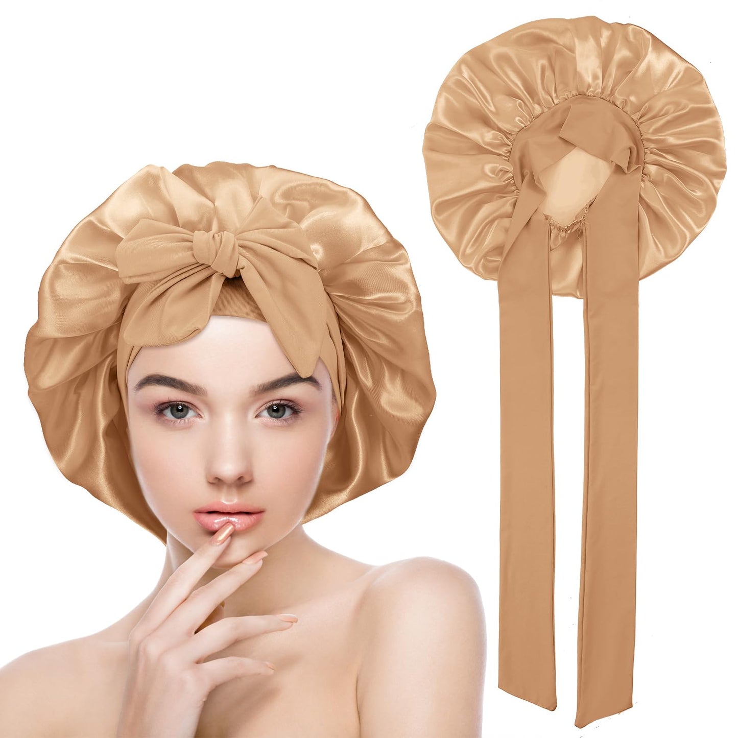 Yuanchu Silk Bonnet Satin Sleep Cap for Night for Women Adjustable Sleeping Cap Soft Head Cap Sleep Cap Silk with Elastic Band for Women and Girls (Gold)