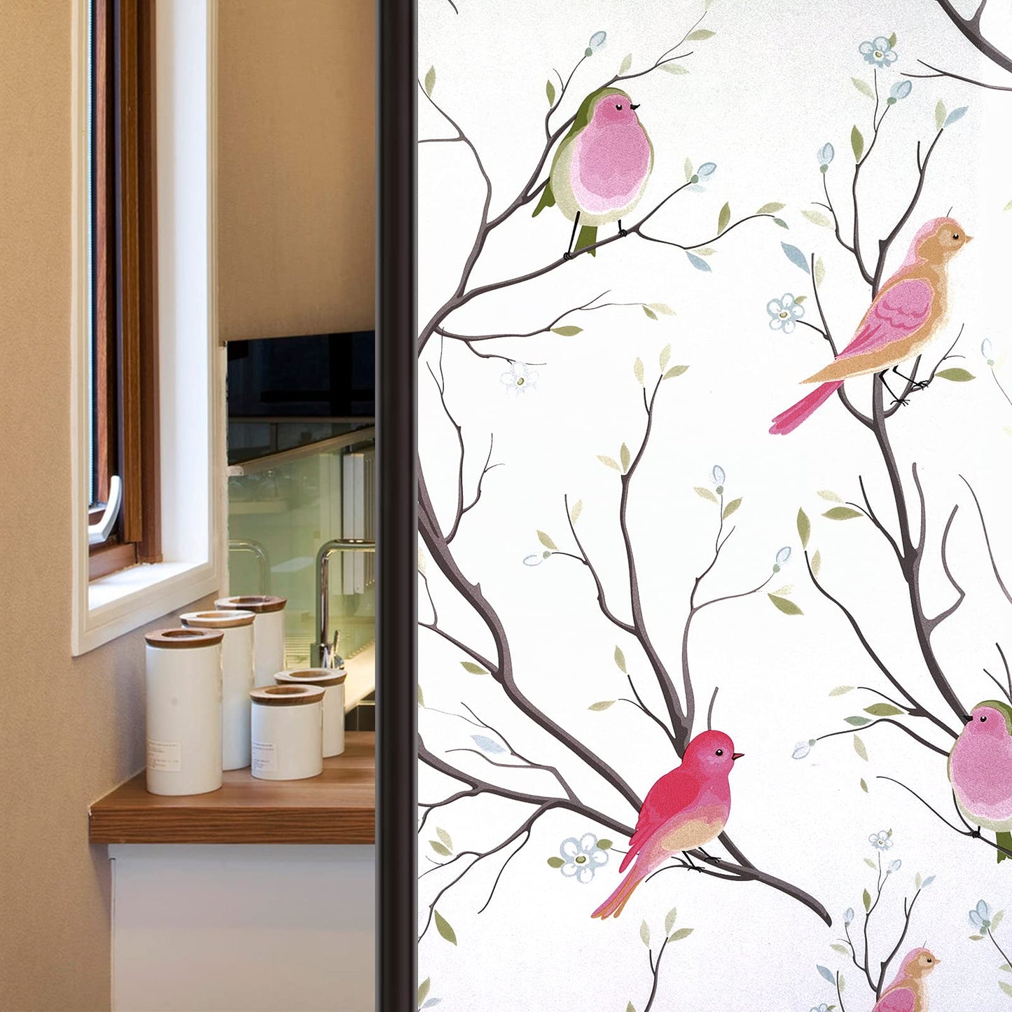 Molain Frosted Tree Branches Birds Window Clings, Privacy Window Film Glass Opaque Sun Blocking Stickers, Static Cling Non-Adhesive, Door Glass Bathroom Office Fridge Decorations