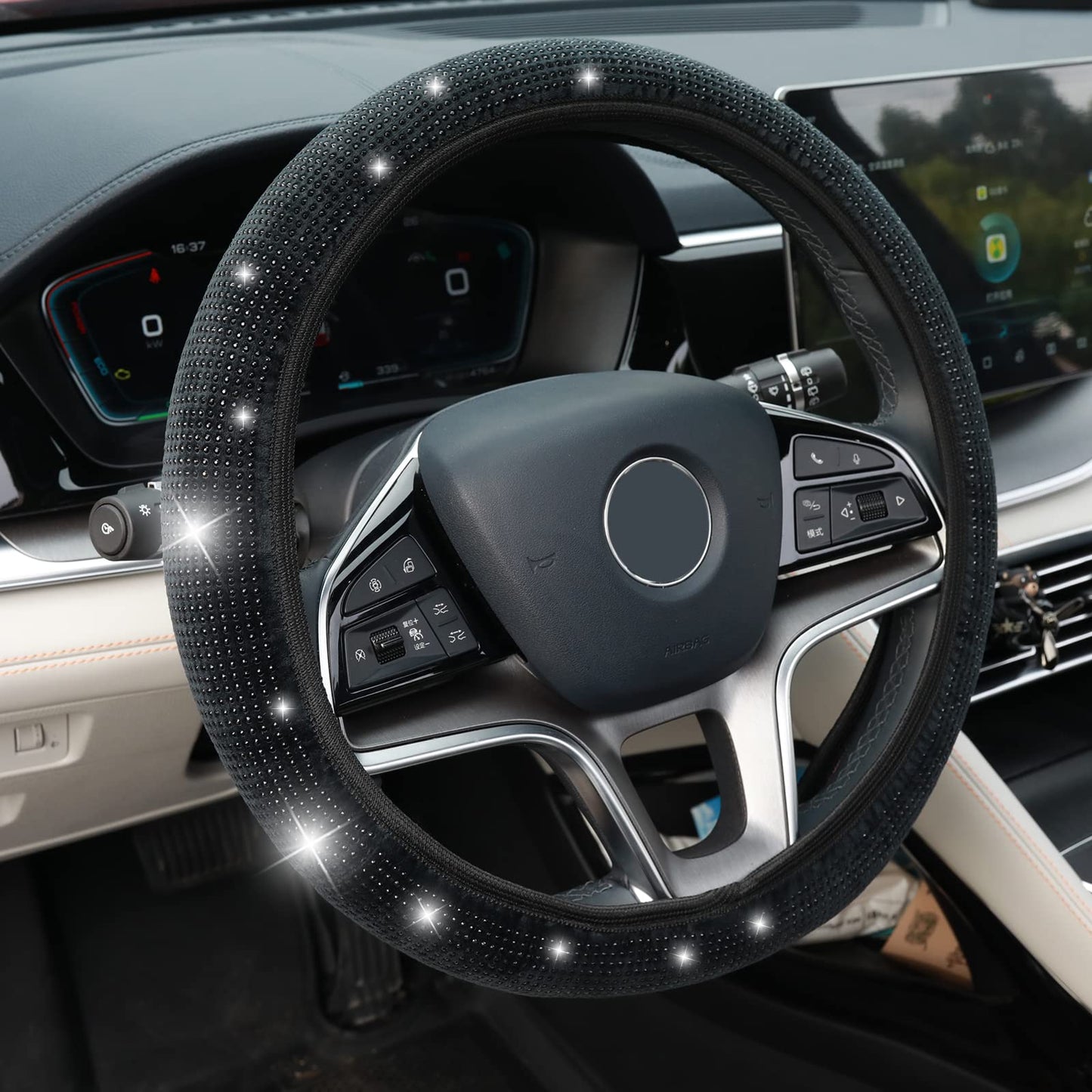 cobee Bling Rhinestones Steering Wheel Cover, 15 Inch Crystal Diamond Sparking Car SUV Wheel Protector Anti Slip Universal Fit Car Steering Wheel Cover Car Interior Decor Accessories(Black Diamond)