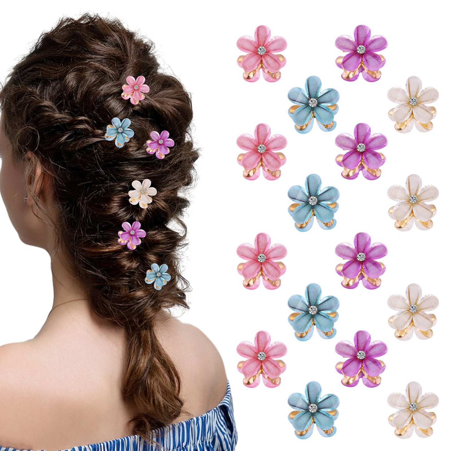 Amabro 16PCS Flower Hair Claws, Crystal Mini Flower Hair Clips Small Rhinestone Hair Barrettes Floral Petal Hairpin Cute Decorative Accessories for Girls Women(Blue, Beige, Pink, Purple)