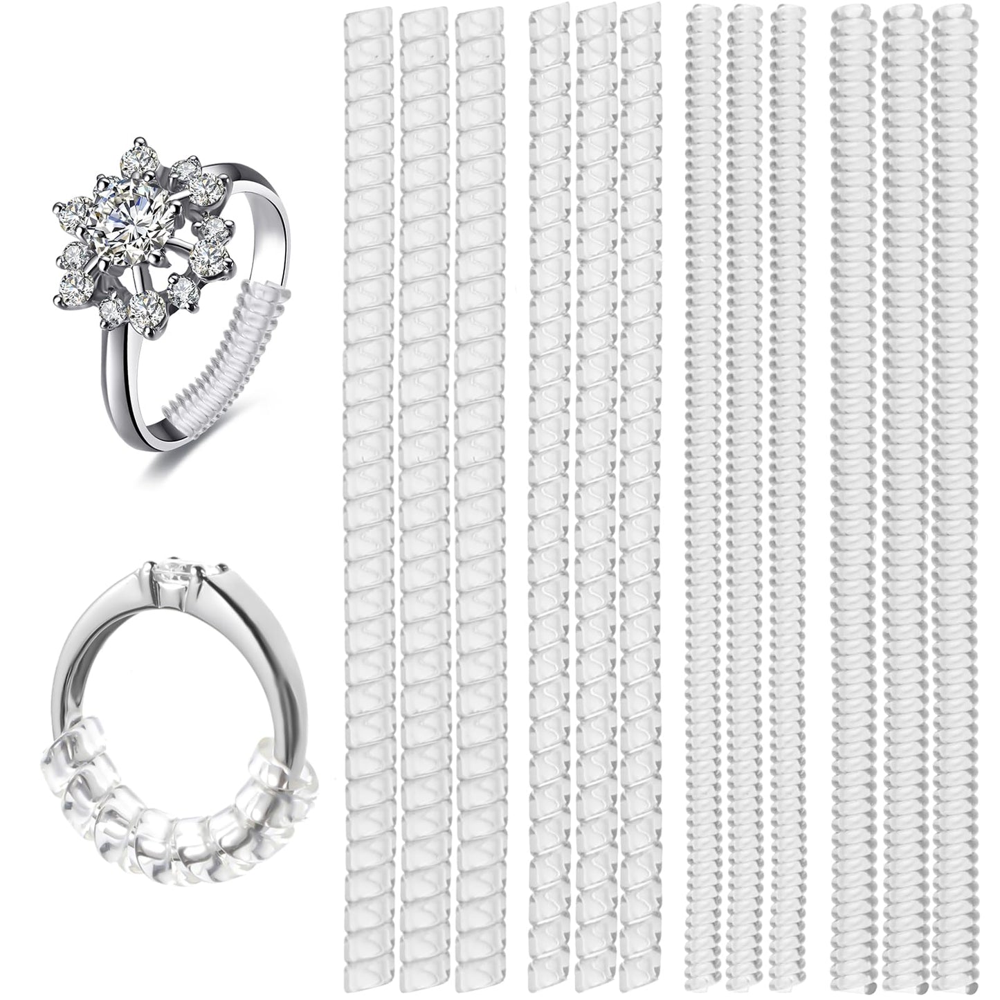 Yuanchu 12pcs Invisible Ring Reducer, 4 Sizes, Ring Size Adjustment, Clear, Spiral Insert, Invisible Ring Protector for All Sizes, Rings