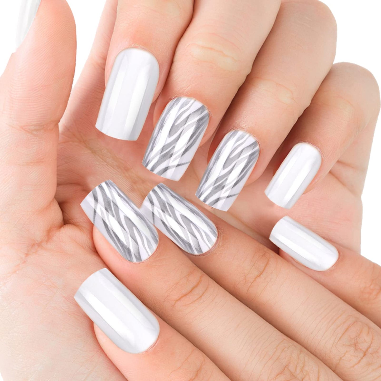 Cobee Press on Nails Short, 24 Pcs Square Silver Flame Fake Nails Set Reusable False Nails with 24 Jelly Glue and 1 Nail File Set for Stick on Nails for Women Wedding Art Decorations(B)