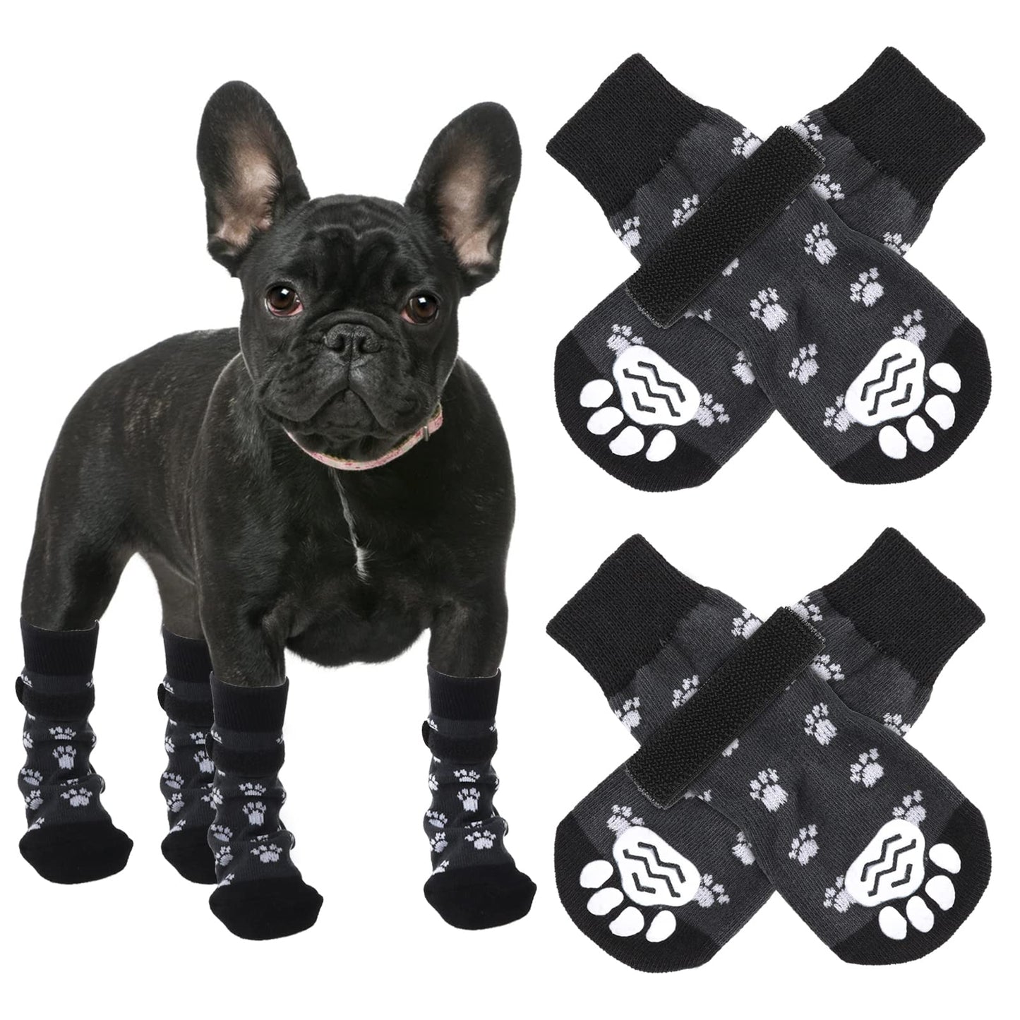 cobee Dog Socks, 4 Pcs Non-Slip Pet Paw Protector with Adjustable Straps for Indoor Outdoor Wear Winter Puppy Socks with Grips Traction Control for Small/Medium Dog Cold Weather Socks(L Size, Black)