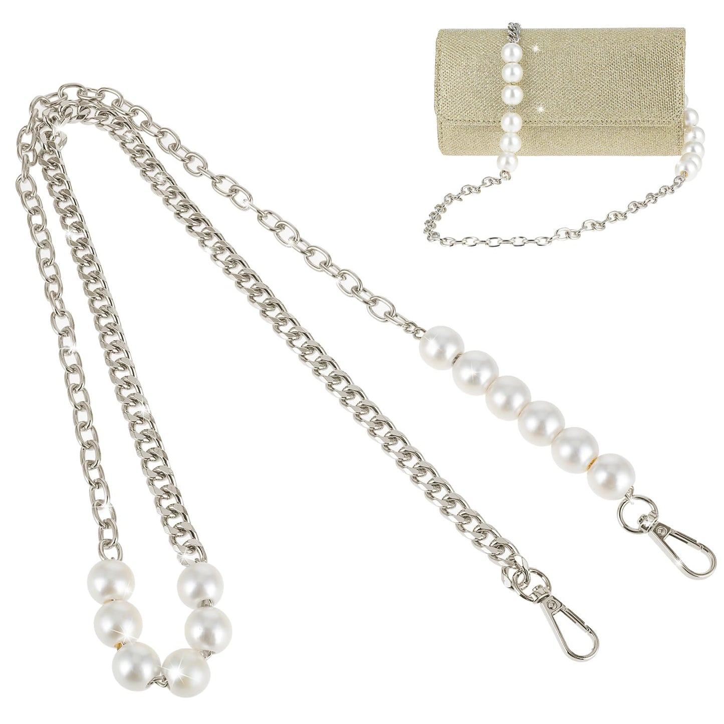 GEEHUA 47" Imitation Pearl Crossbody Bag Strap, 17mm Pearl Purse Chain Purse Strap Handbag Chains Replacement Accessories DIY Decorative Chain with Lobster Clasps for Clutch(Silver)