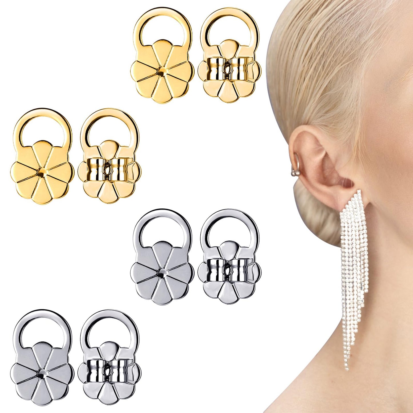 XLIUAX Pack of 8 Stud Earrings Closure, Earring Lifter, Adjustable Earring Lifter and Ear Lobe Holder for Heavy Ears, Hanging Ears (Gold + Silver)