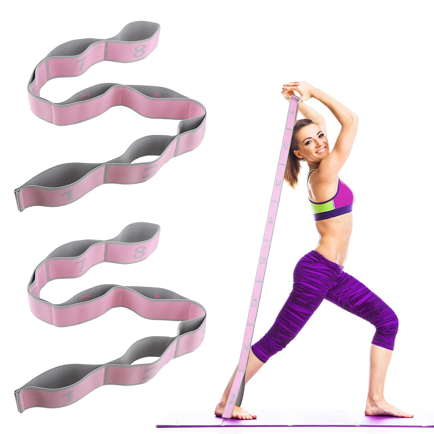 Amabro Stretch Yoga Strap, 2PCS Flex Elastic Straps with 8 Numbered Loops Exercise Stretcher Strap Stretching Band Belt for Pilates Dance Gymnastics Kids Assistance Sport Equipment (Pink)