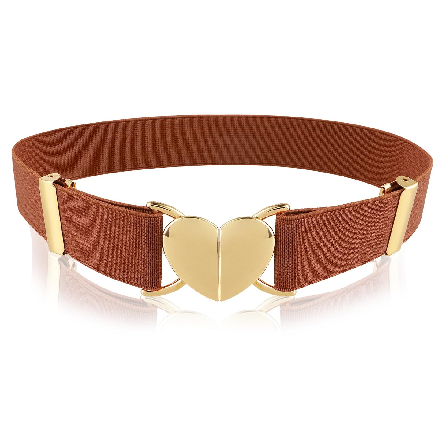 Andibro Heart Elastic Waist Belts for Girls, Adjustable Woven Stretch Belt Fashion Metal Heart Buckle Waistband for Women(Brown)