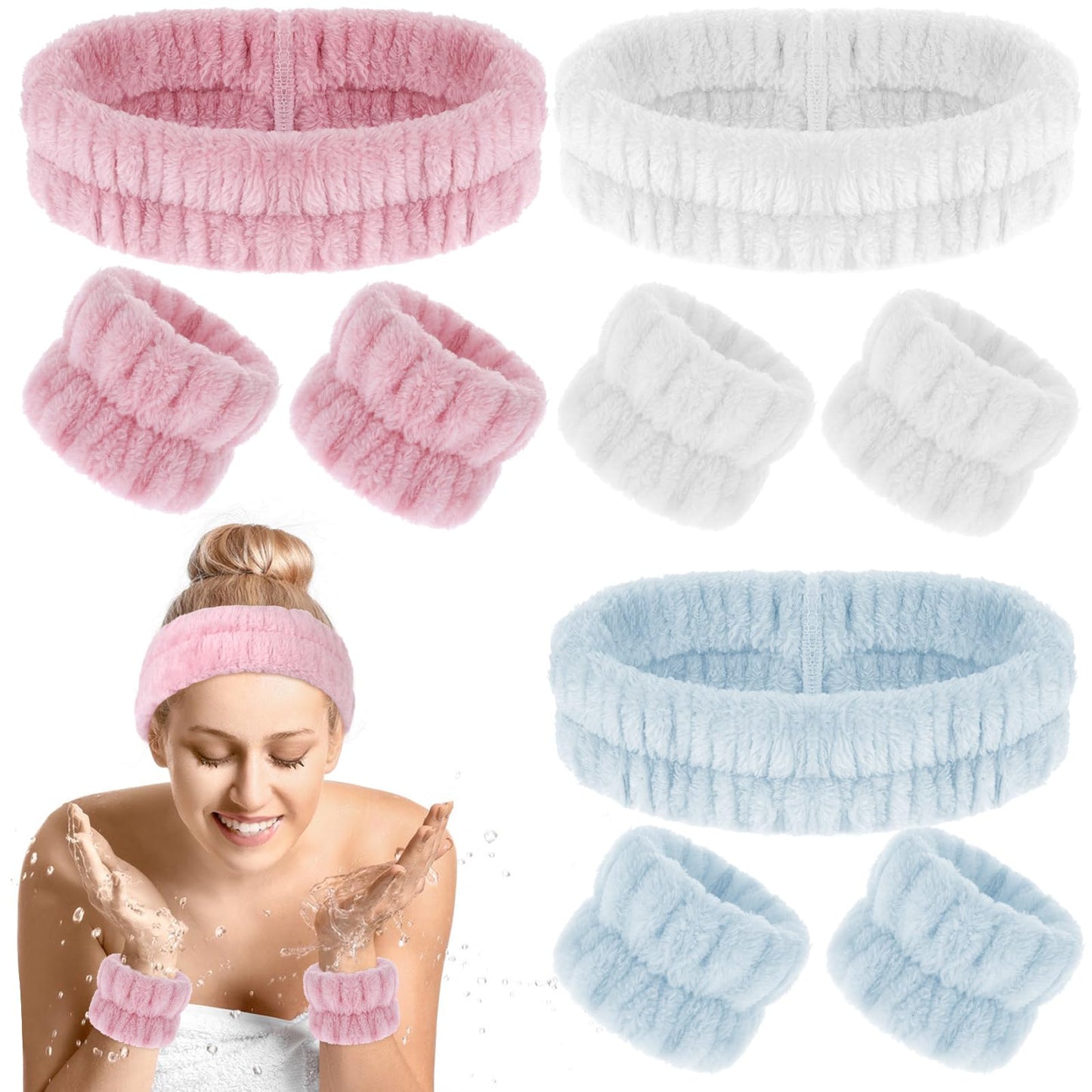 Cobee 9 PCS Face Wash Headband Wristbands, Soft Stretchy Headband and Wristband Set for Washing Face Keep Water from Running Down Your Arms Women Hairbands Wrist Set for Bath Makeup(Solid Color)