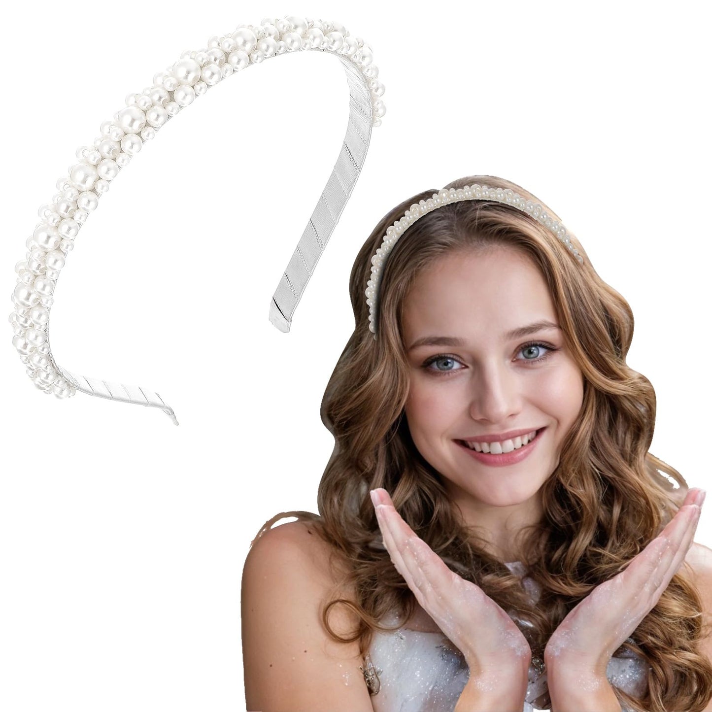 Yuanchu Pearl Headband for Women, Headband Bridal White Bridal Headband with Faux Pearls Wedding Hair Accessories Hair Bands Elegant Hair Band for Weddings Parties and Special Occasions