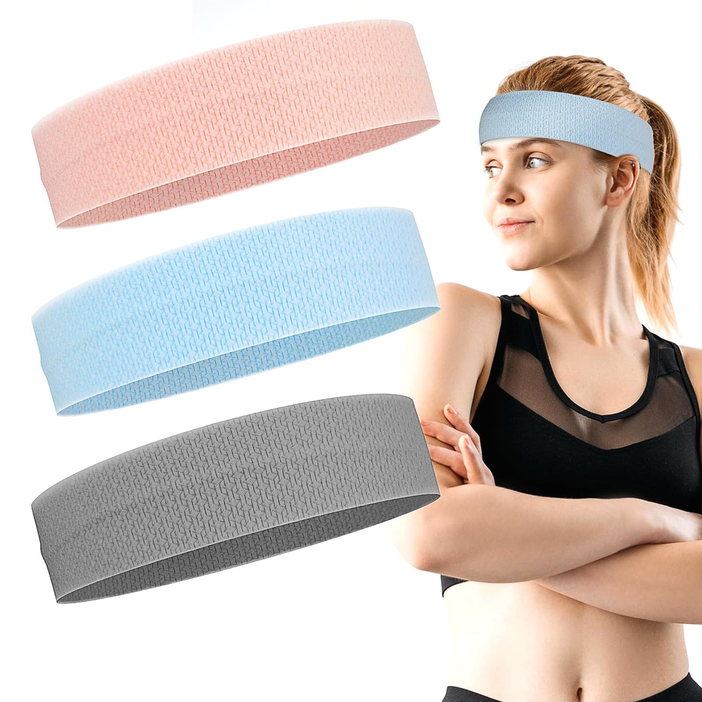 TIESOME 3 Pack Sport Headbands for Men & Women, Elastic Athletic Sweatbands Non-Slip Sweat Hair Bands Moisture Wicking Exercise Hairbands Soft Fabric Hair Warp for Workout Yoga Running(Blue+Pink+Grey)