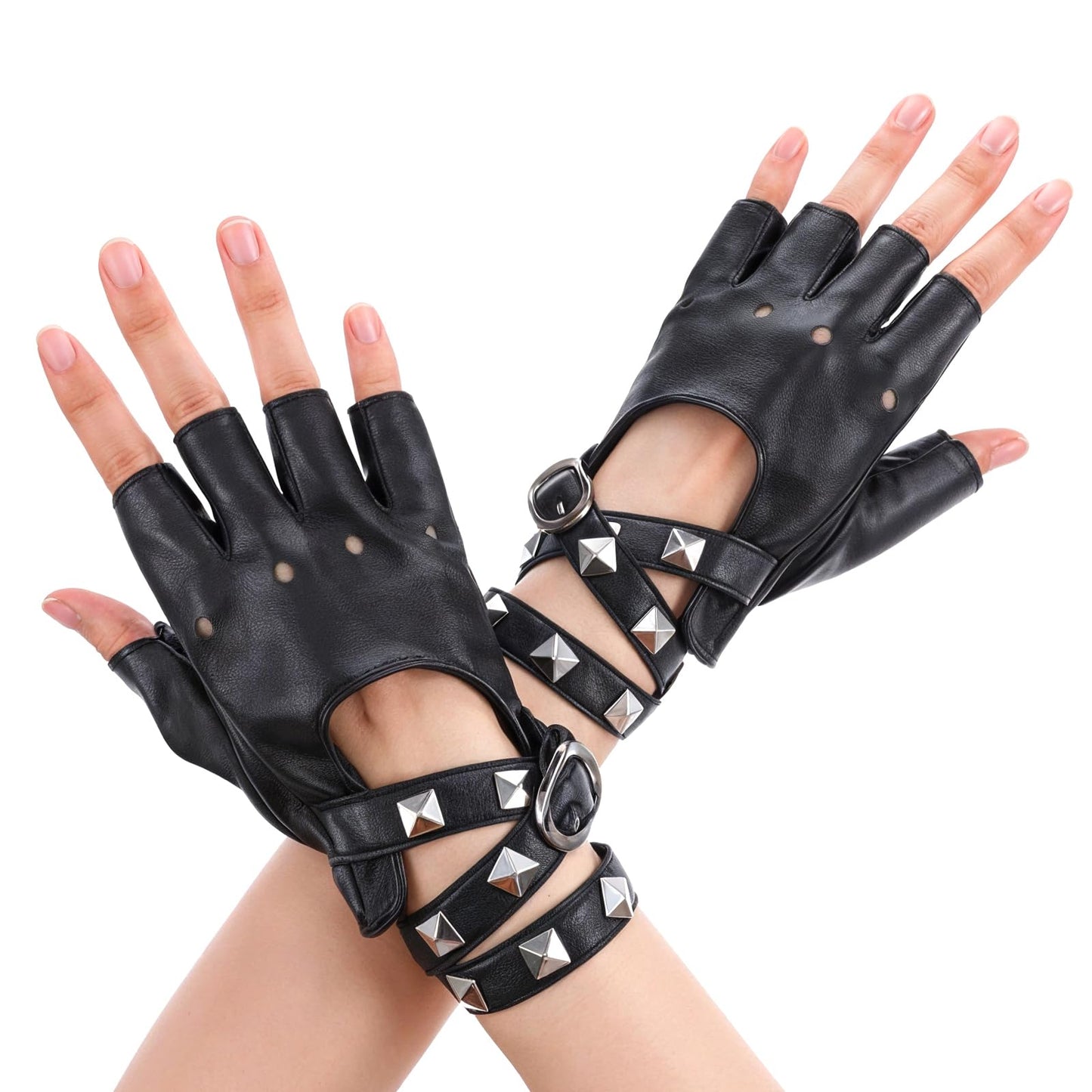 Yuanchu Fingerless Leather Gloves Rivets Punk Gloves Gothic Black Gloves Halloween Men's Catwoman Accessories Women's Cosplay Rock Festivals Performance Hip-Hop Dance Party, black, 13 x 9cm / 5,12 x
