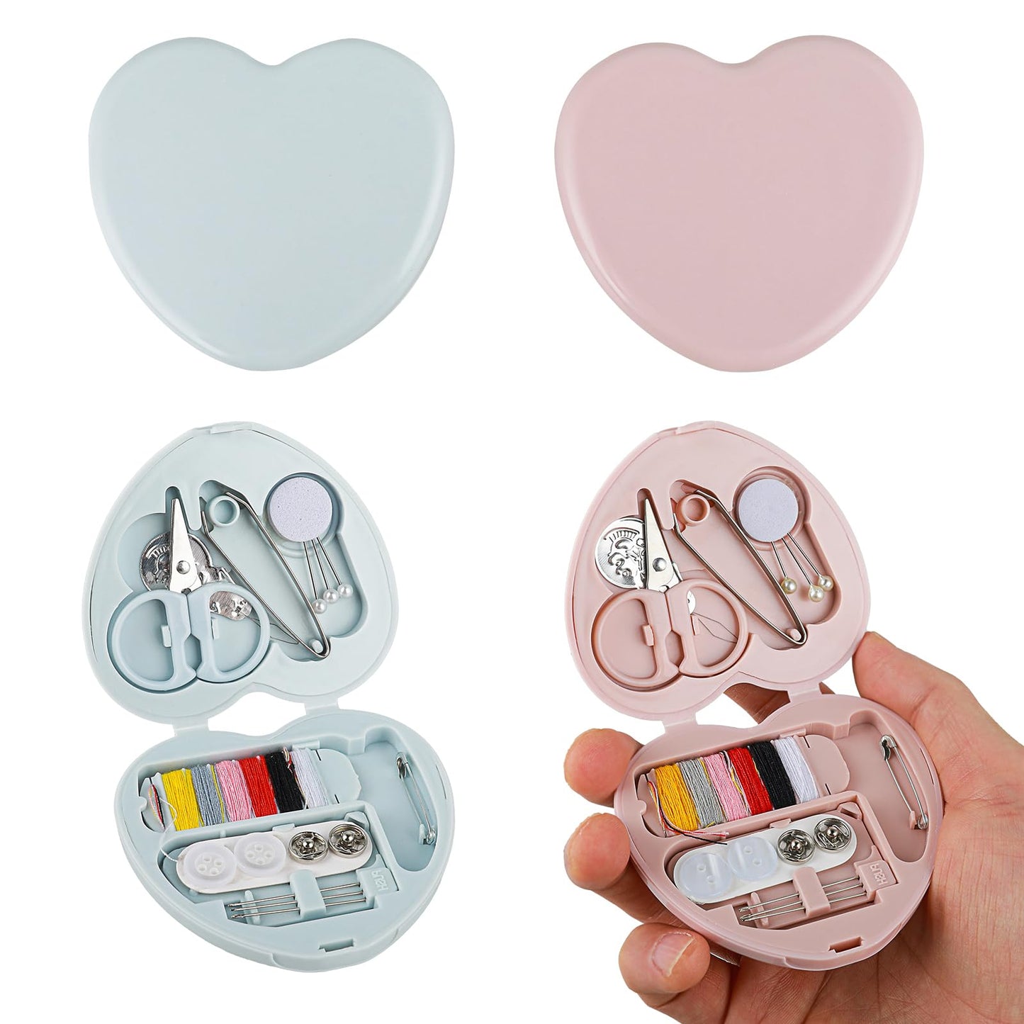 Cobee Sewing Kit, 2pcs Mini Sewing Kit for Travel Essentials Portable DIY Emergency Sewing Repair Supplies Heart Shaped Sewing Storage Case with Needles Cotton Buttons Wire Pins Thread Scissors Cotton