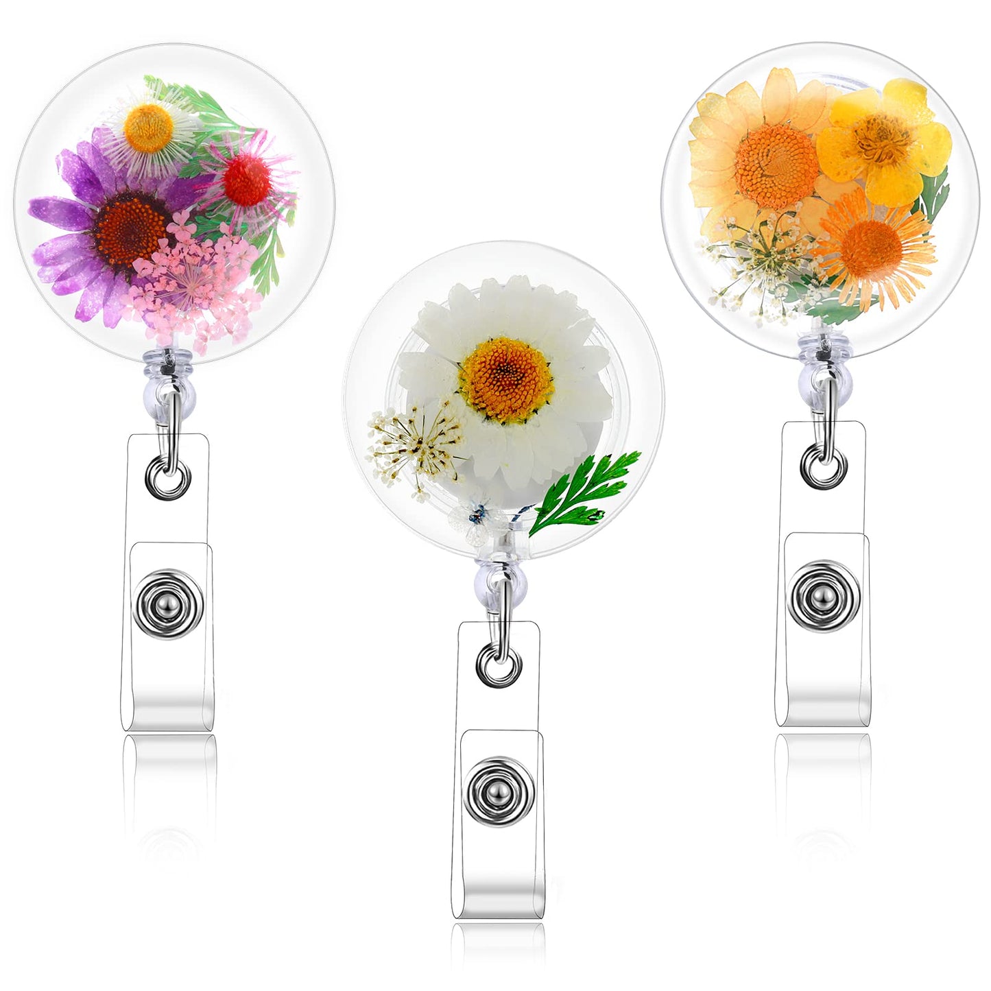 cobee Dried Flower Retractable Badge Reel, 3 Pieces Aesthetics ID Card Badge Holder Reels Resin Floral Badge Clip Cute ID Name Card Holders for Nurse Doctor Teacher