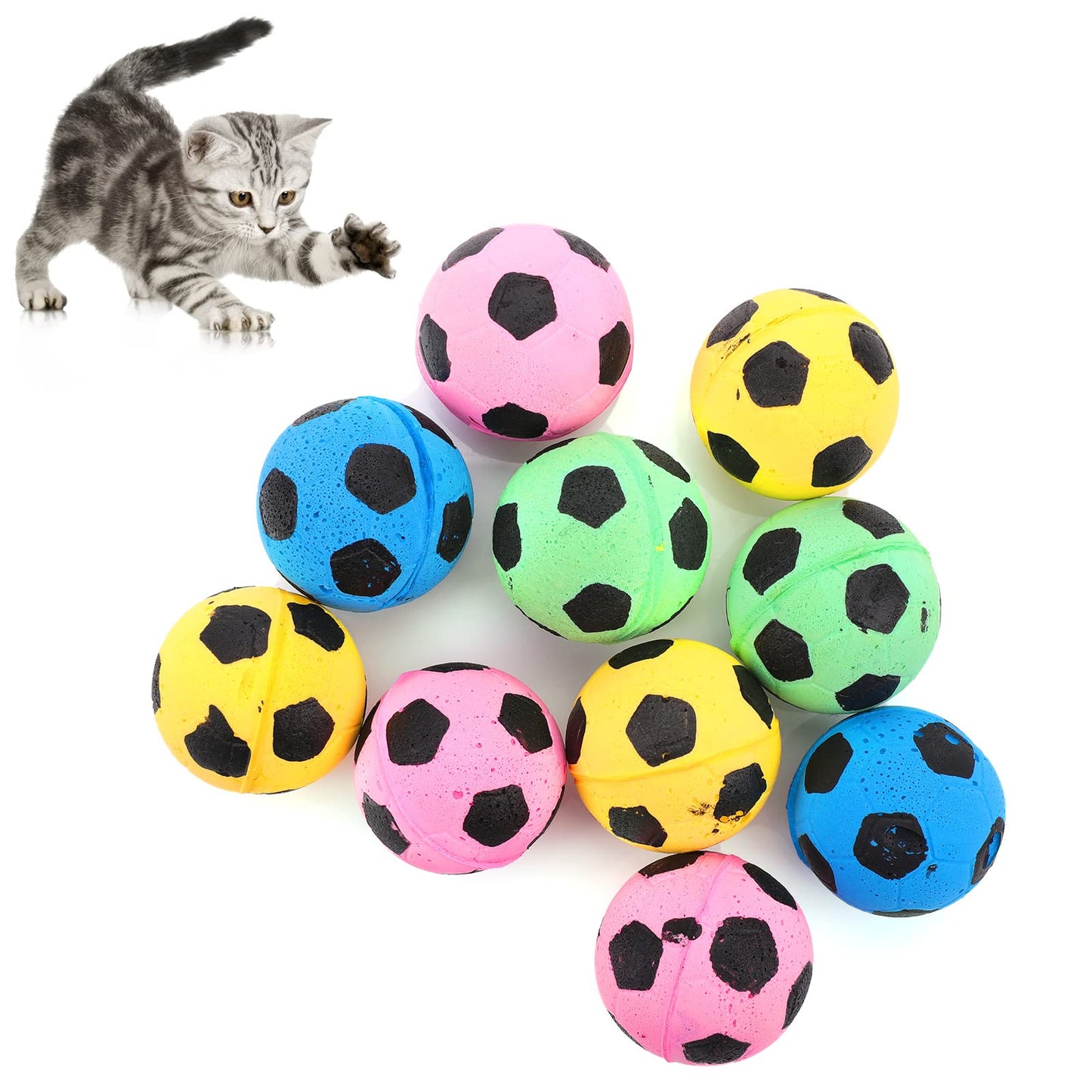 TIESOME Soccer Cat Toy Balls, 10 Pcs Sponge Cat Ball Toy Colorful Large Ball Kittens Toy Noise-Free Bouncy Interactive Pet Training Ball Cat Toy for Indoor Outdoor Cat Kitten 4 cm