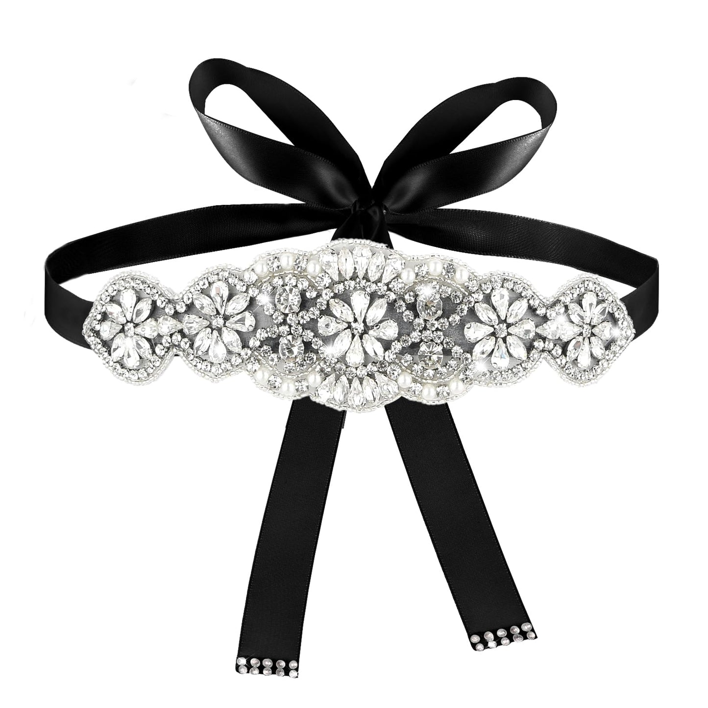 Amaxiu Rhinestone Wide Waist Belt for Women, Bling Wedding Belt(Black Ribbon)