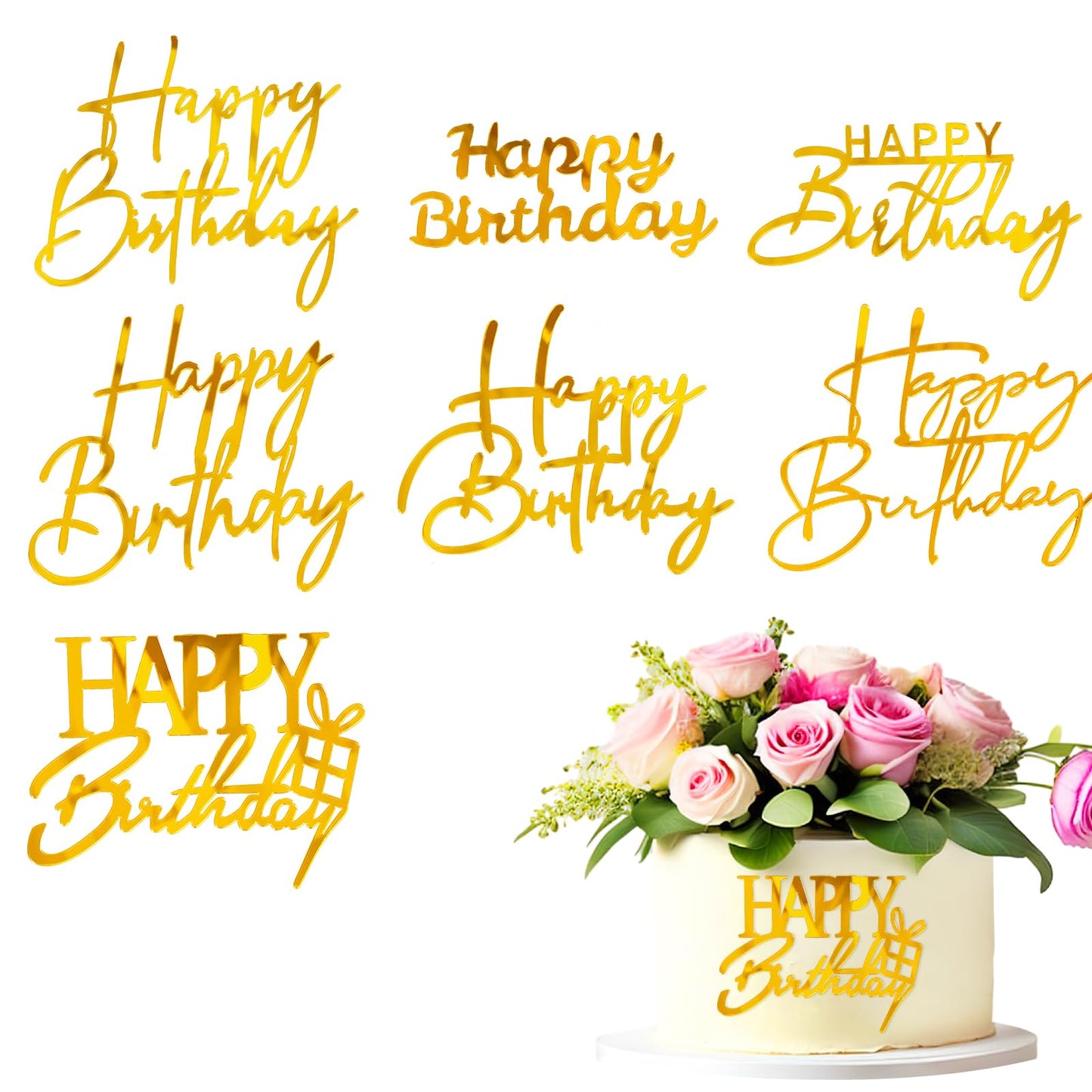 Amabro Happy Birthday Gold Cake Topper, 8 PCS Golden Happy Birthday Cake Decoration Set, Acrylic Mirror Cake Topper Inserts Accessories Birthday Cake Decorations for Anniversary Birthday