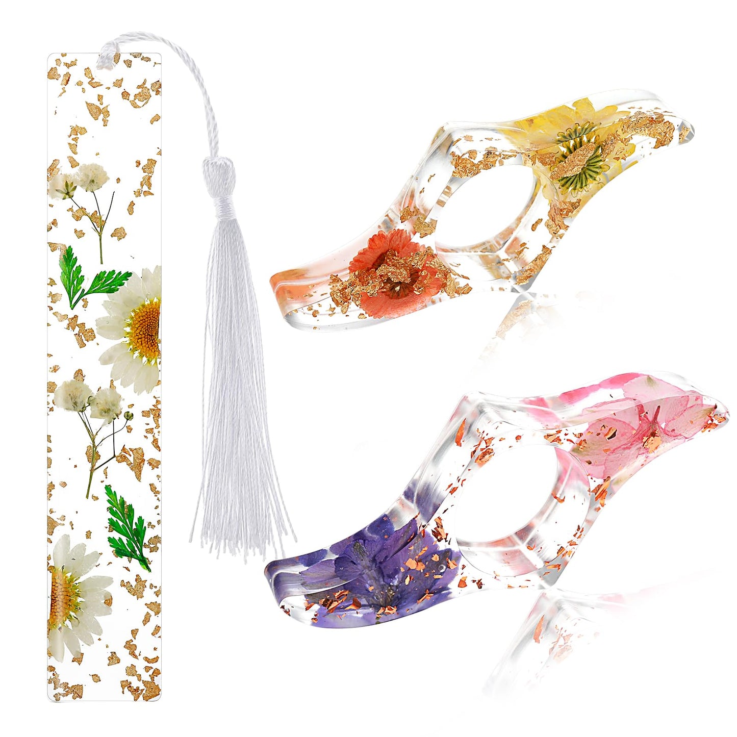 cobee Dried Flower Bookmark with Tassel, 1Pc, Resin Material, White, Pink Purple, Yellow Red