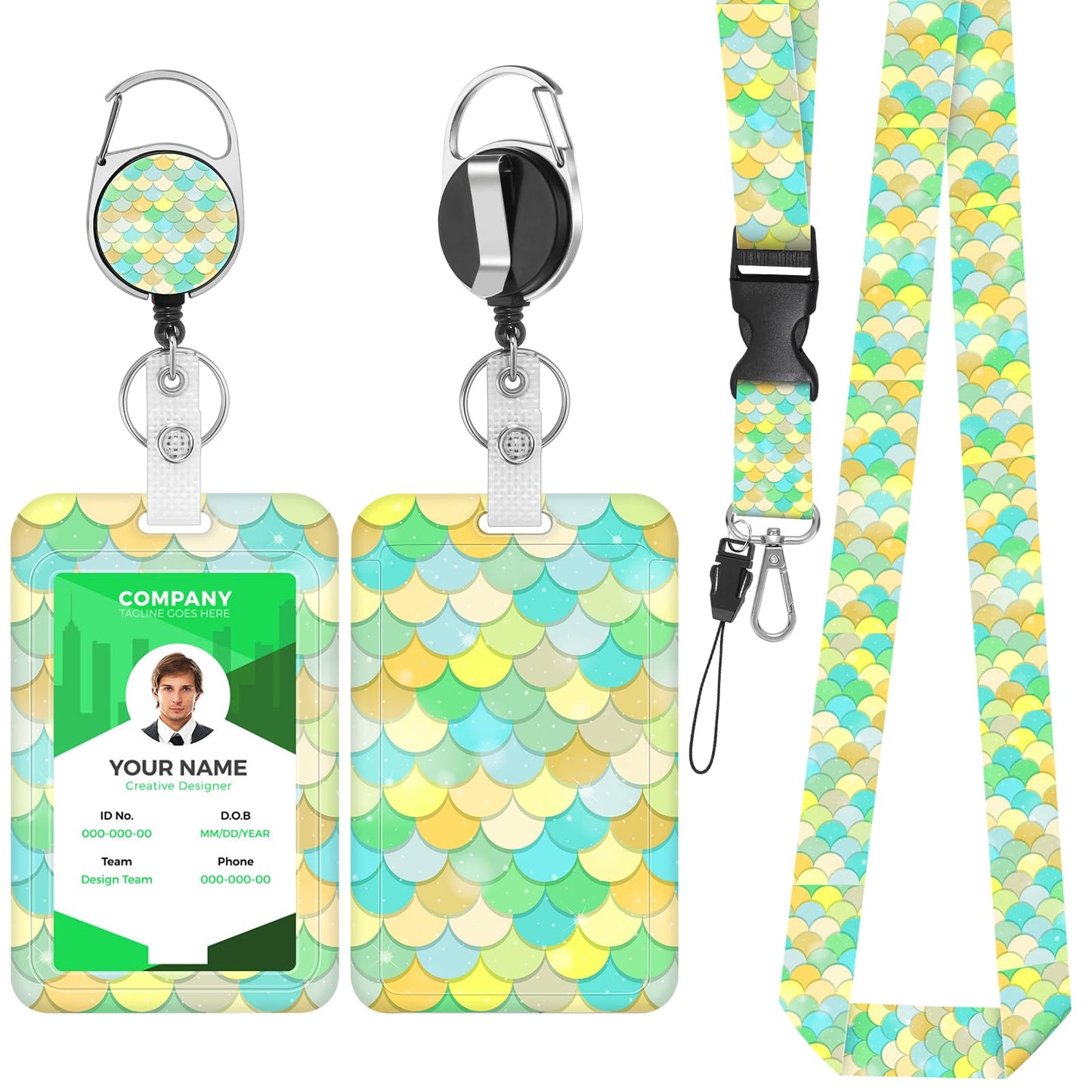 Amabro Fish Scales ID Badge Holder with Retractable Lanyard, Portable Card Holder with Reels Clip and Detachable Lanyard Name Card Protector for Women Nurse Teacher Student(Green-Yellow)