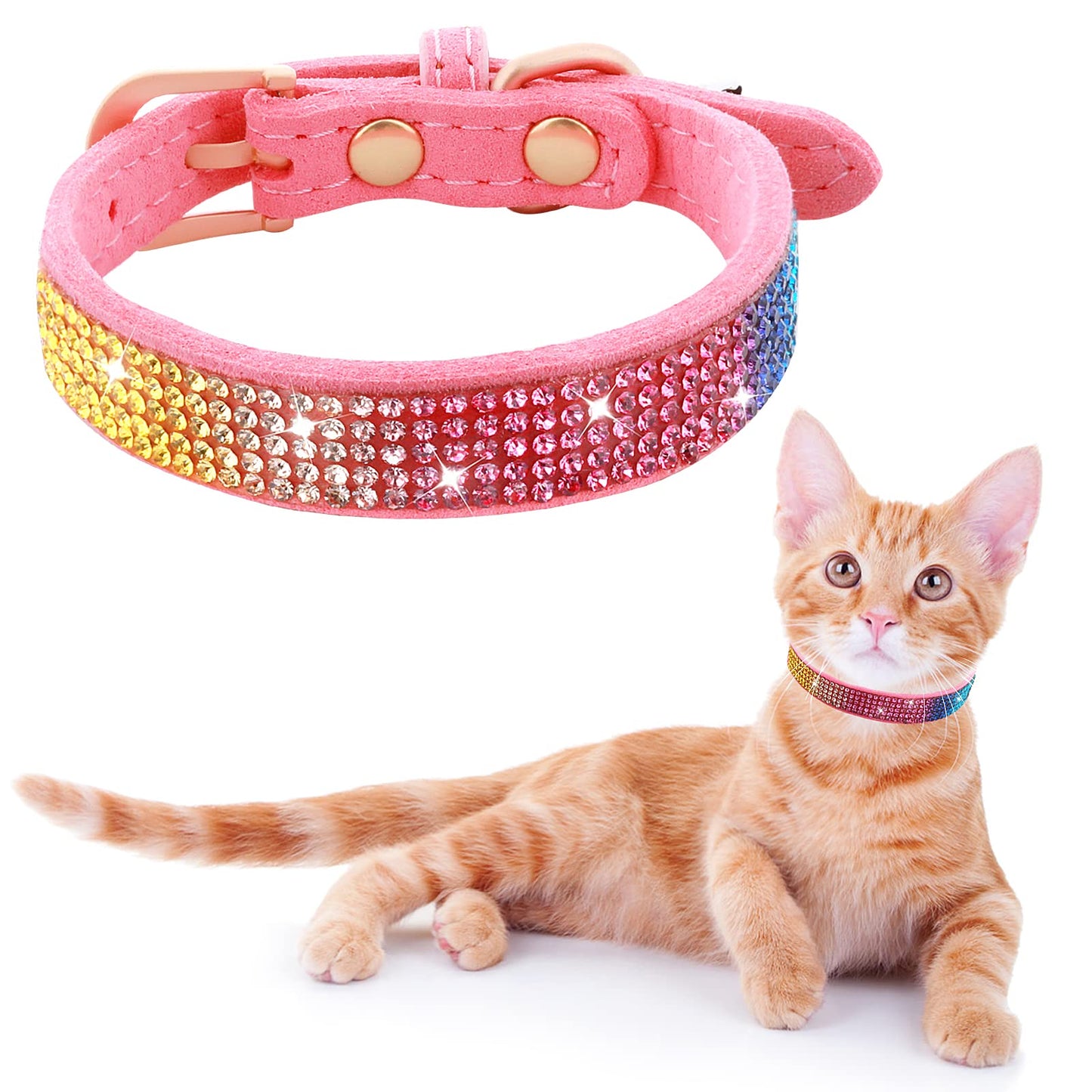 Cobee Leather Rhinestone Cat Collar, Colorful Bling 3 Row Crystal Kitten Breakaway Shiny Collar Soft Leather Pink Collar for Small Cats with Adjustable Buckle - Fit 7''-11'' Neck Circumference