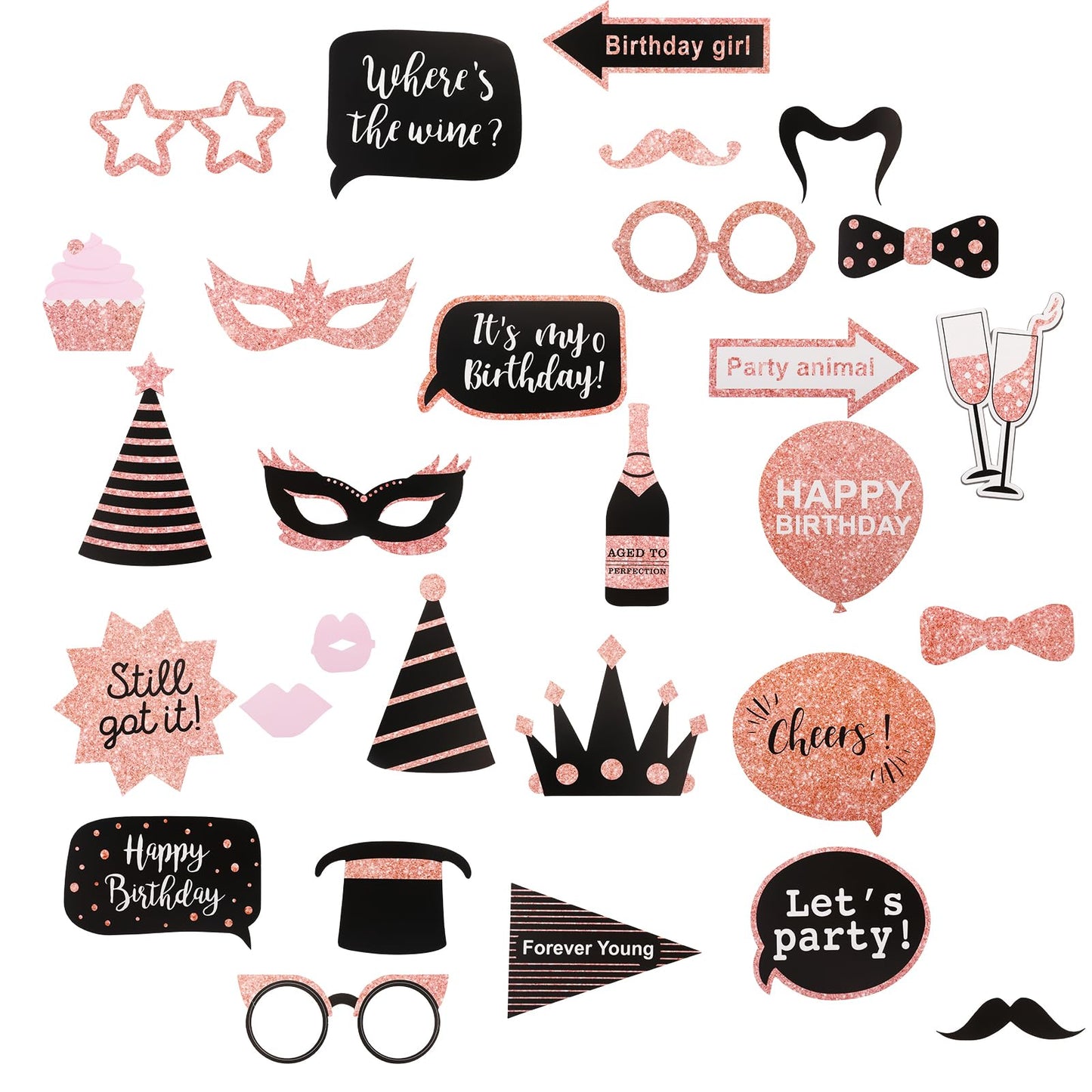 Amabro Party Birthday Photo Booth Props, 30PCS Bday Party Decoration Set Happy Birthday Party Favors Supplies with Hat Lipstick Tie Large Glasses Signs Wedding Christmas New Year Photobooth Props