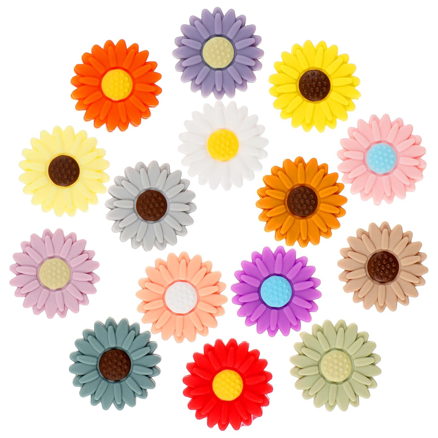 Amabro 15PCS Colorful Sunflowers Silicone Focal Beads, 30mm/1.18 Inches Daisy Flower Silica Gel Accessories Daisy Loose Beads for Pens Bracelets Necklace Keychain Earrings DIY Crafts Jewelry Making