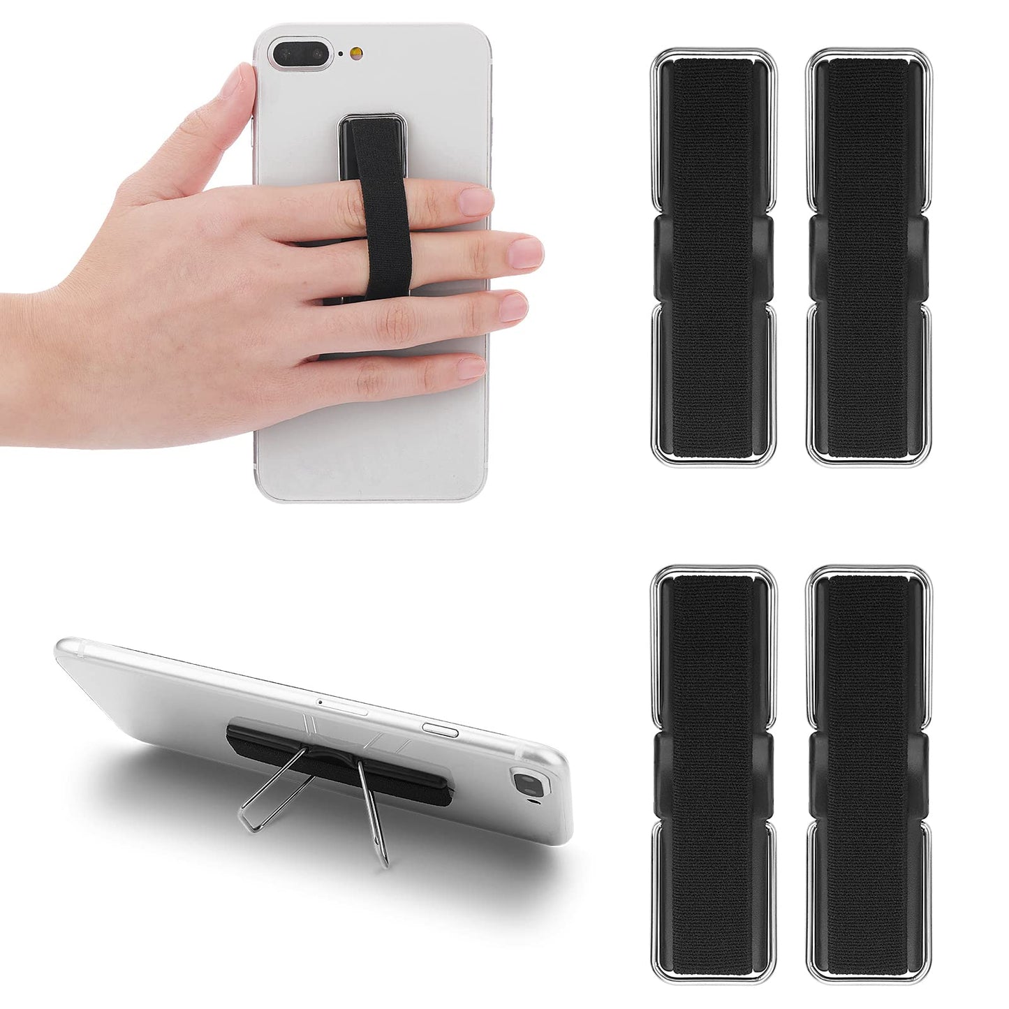 cobee Finger Strap Phone Holder, 4 Pcs Cell Phone Grip Holder Elastic Kickstand for Mobile Phone Anti-silp Braided Finger Holder Band Compatible with Smartphones, Small Tablets(Black)