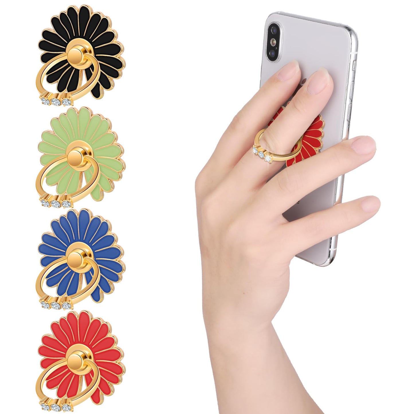cobee Cell Phone Ring Holders, 4 Pcs Cute Daisy Finger Kickstands Metal Round 180°/360° Rotation Hand Grip with Knob Loop Phone Ring Grips Compatible with Most Smartphones, Tablets(Style-B)