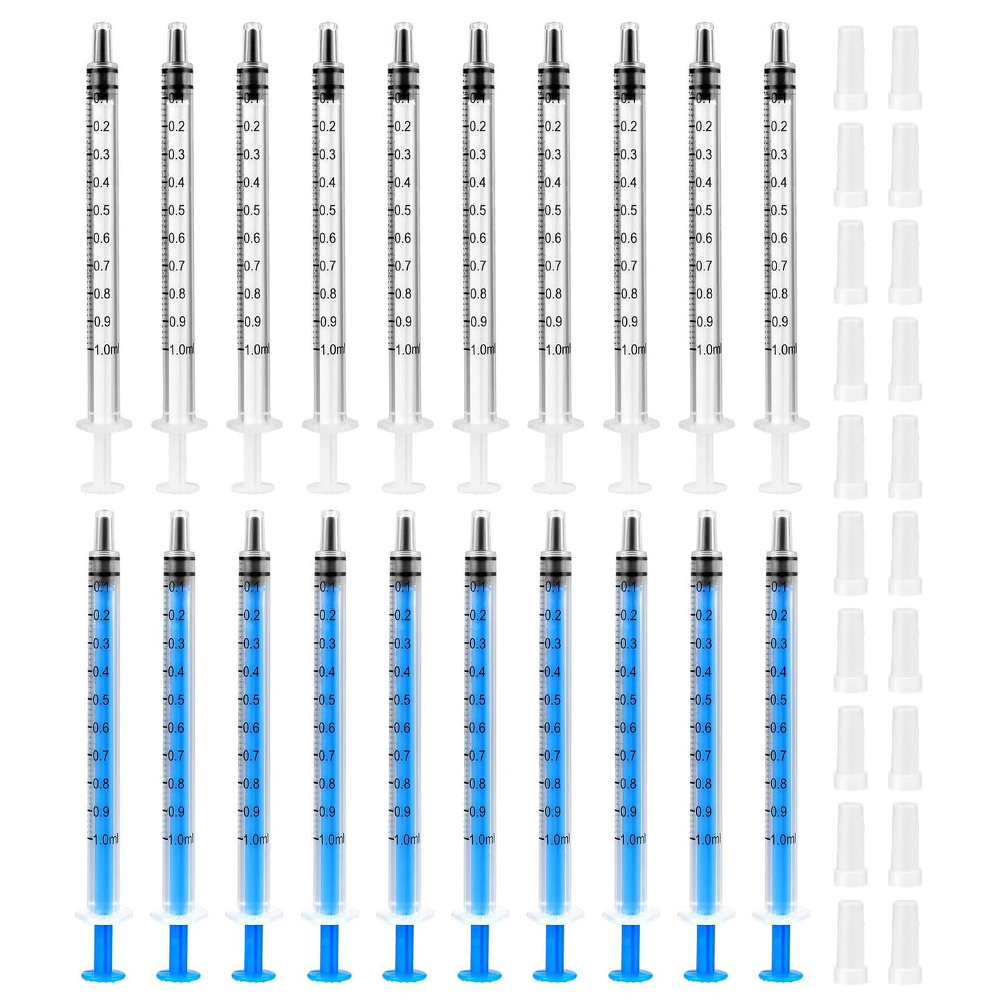 Amabro 20Pcs Plastic Syringe, 1ml Liquid Syringes with Cap Syringe with Measurement for Labs Pet Feeding Dispensing Watering Food Oral Press-In Adapter No Needle