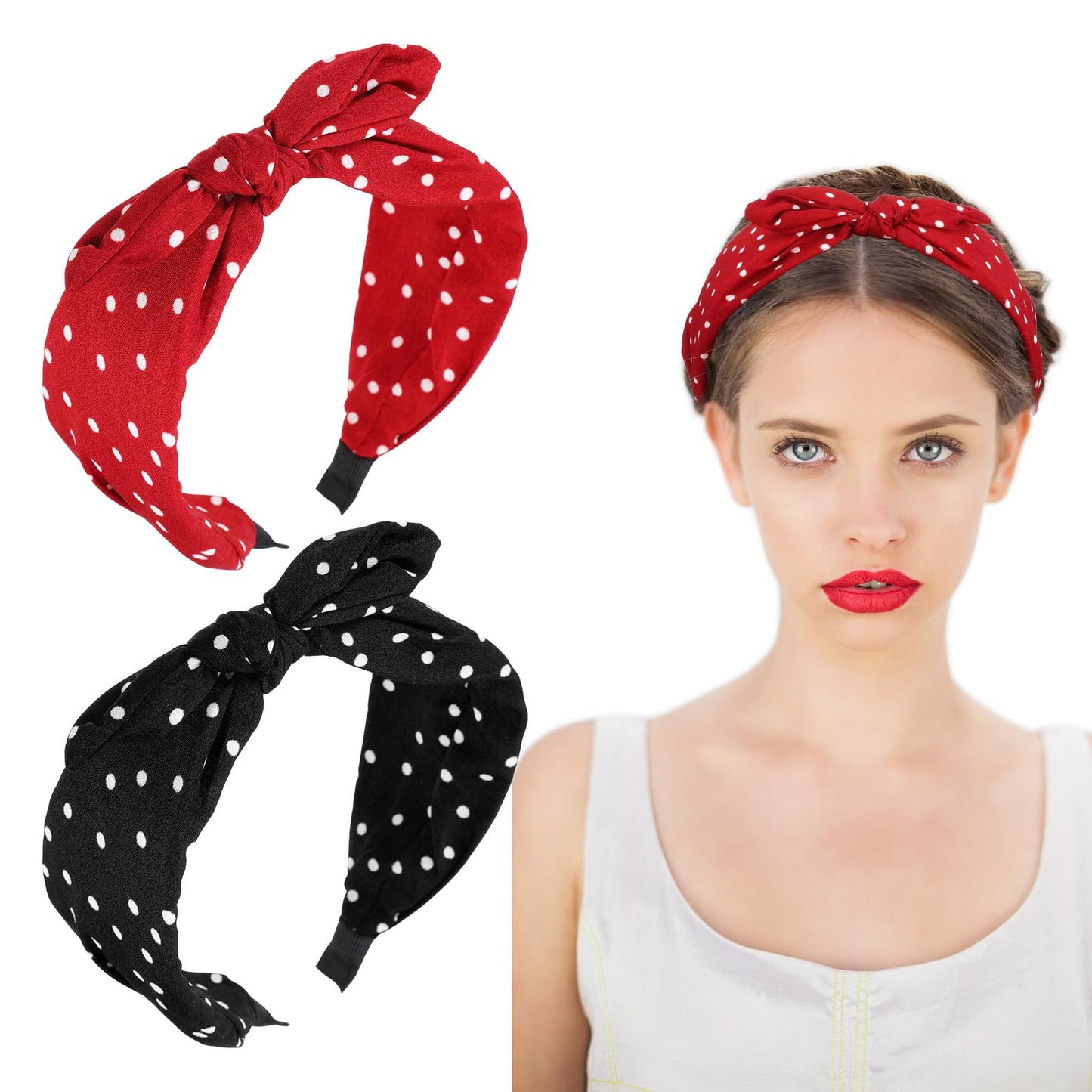 XLIUAX Pack of 2 Polka Dots Headbands Women's Rabbit Ears Hair Bands Women Non-Slip Headgear Elastic Knotted Bow Headbands Vintage Hair Accessories Halloween (Red Black)