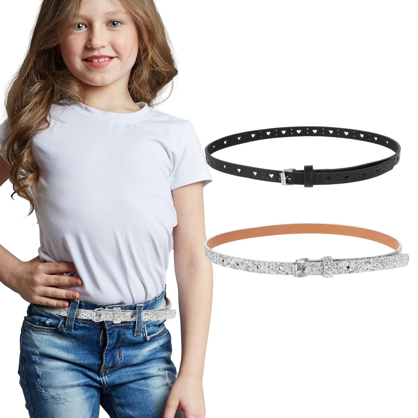 Amaxiu 2 Pack Thin Belt for Girls, Girl's Glitter Belt Cute Shiny PU Leather Belt Adjustable Waist Belt for Jeans Dress()