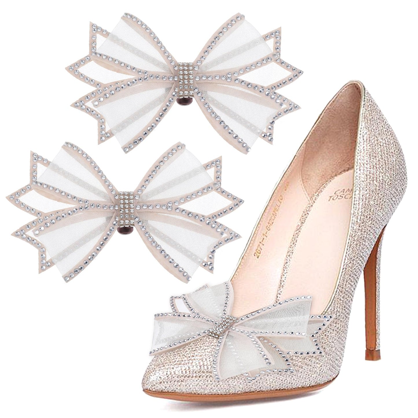 GEEHUA 2 Pcs Shoe Clips for Women Dress Shoes, Mesh Bow Rhinestone High Heel Shoe Clips Buckle Detachable Bow Heels Clothing Accessories for Women Girls Bridal Wedding Party Prom Decorations (Apricot)