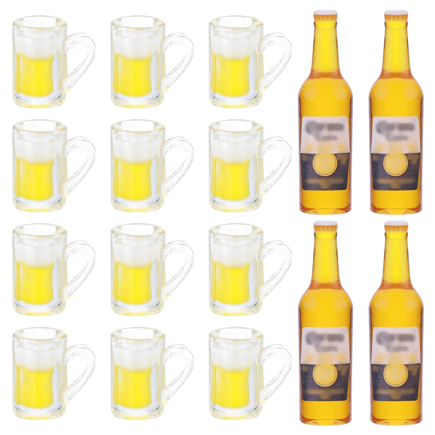Cobee Miniature Dollhouse Beer Cups Bottle Set, 12 Pieces Mini Mugs with 4 Pieces Beer Bottles Realistic Beer Glass Model Dollhouse Drink Set Dolls House Accessories Decor for Pretend Play DIY