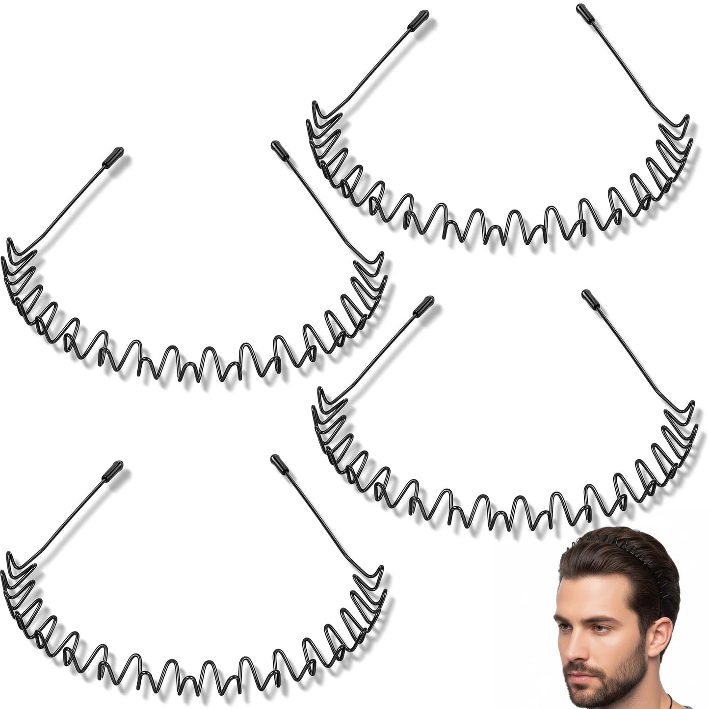 WJIAAA Pack of 4 Men's Headbands, Elastic Metal Hair Band for Men & Women, Wavy Design for Curls & Thick Hair, Sports, Breathable, Black