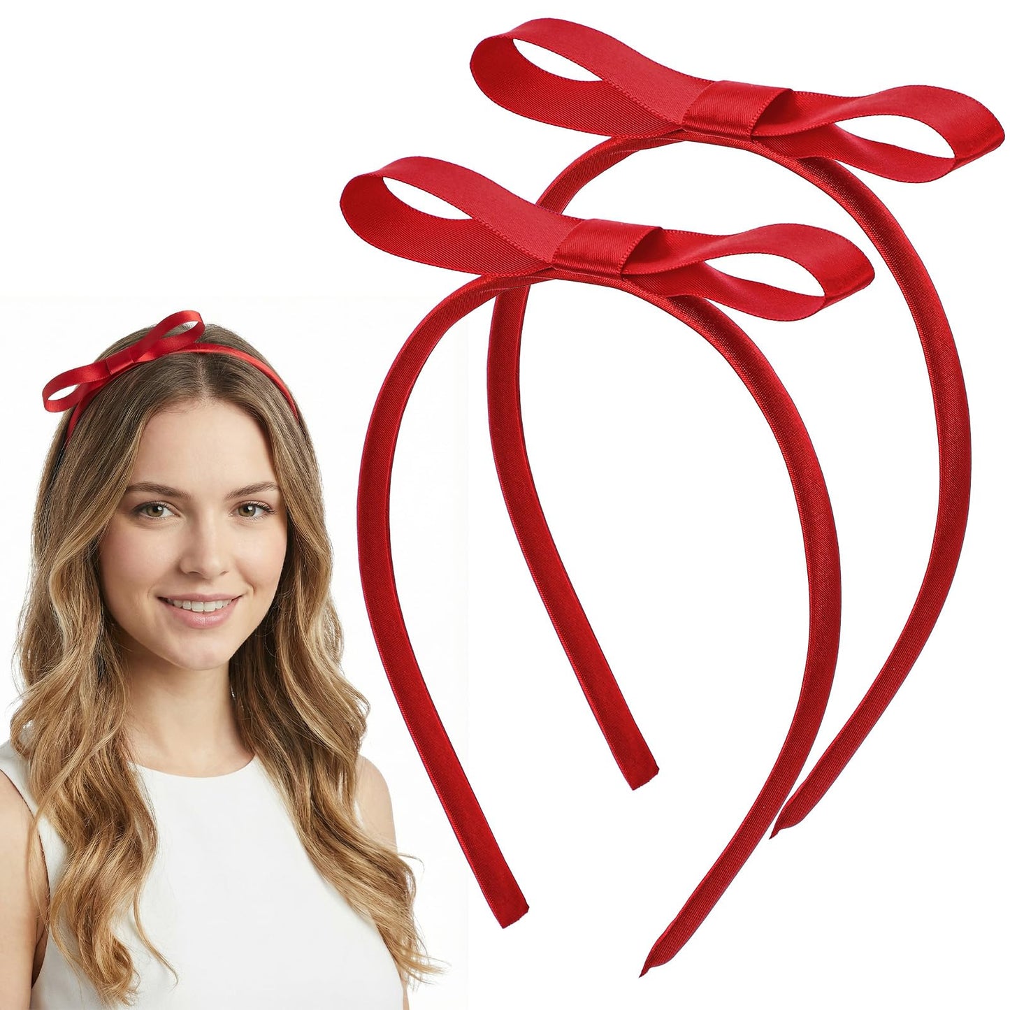 DOPENSPI 2PCS Red Bow Headband for Women, Cute Red Bow Headbands Reds Hairs BowHeadband Thin Headbands Halloween Christmas Cosplay Costume for Women Girls Birthday Princess Hair Accessories