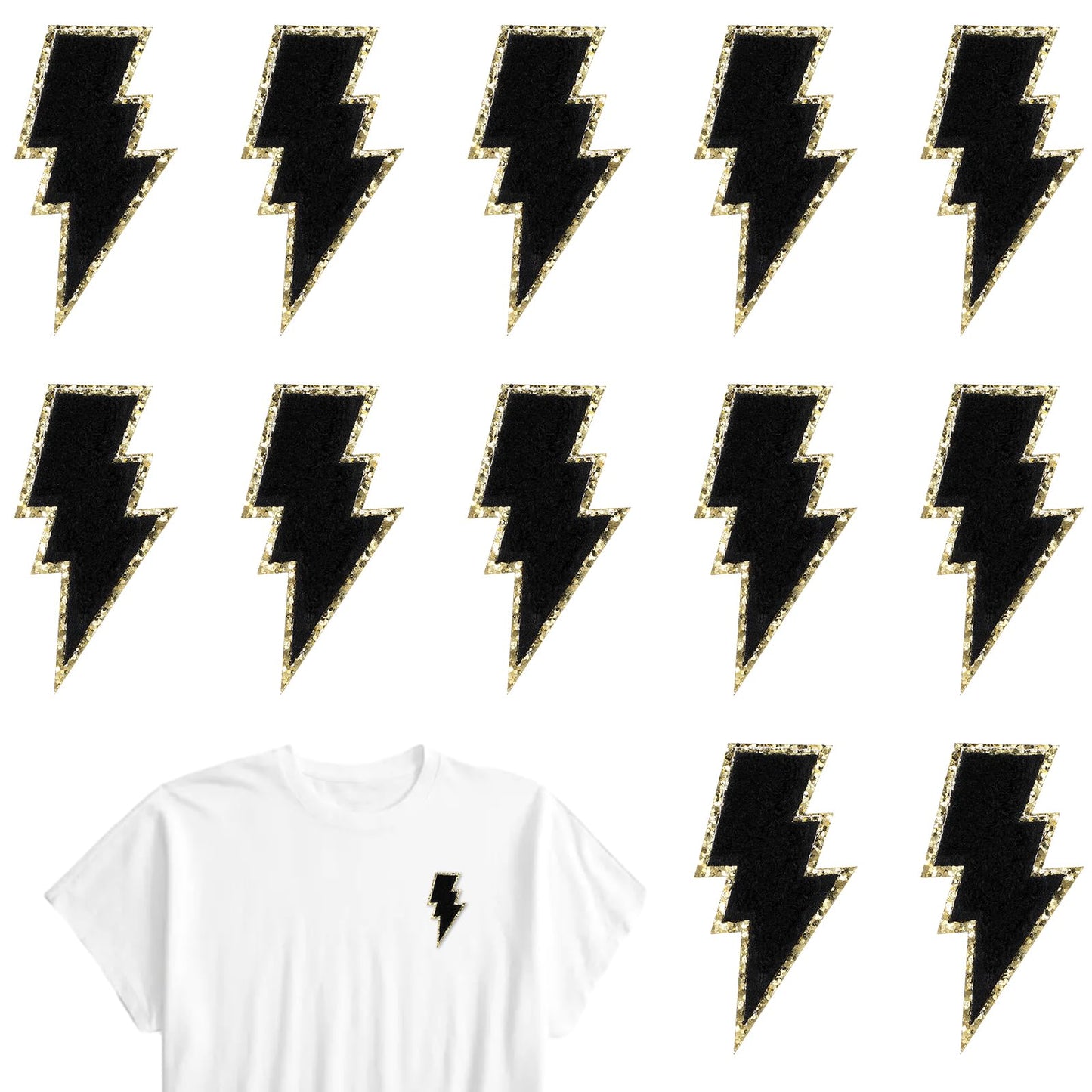 AOZUO Black Lightning Iron-on Patch, 12PCS Gold Edges Embroidered Patches Lightning Bolt Fabric Patches DIY Sew on Flash Appliques for Clothes Hats Bags Jeans Backpacks Decor