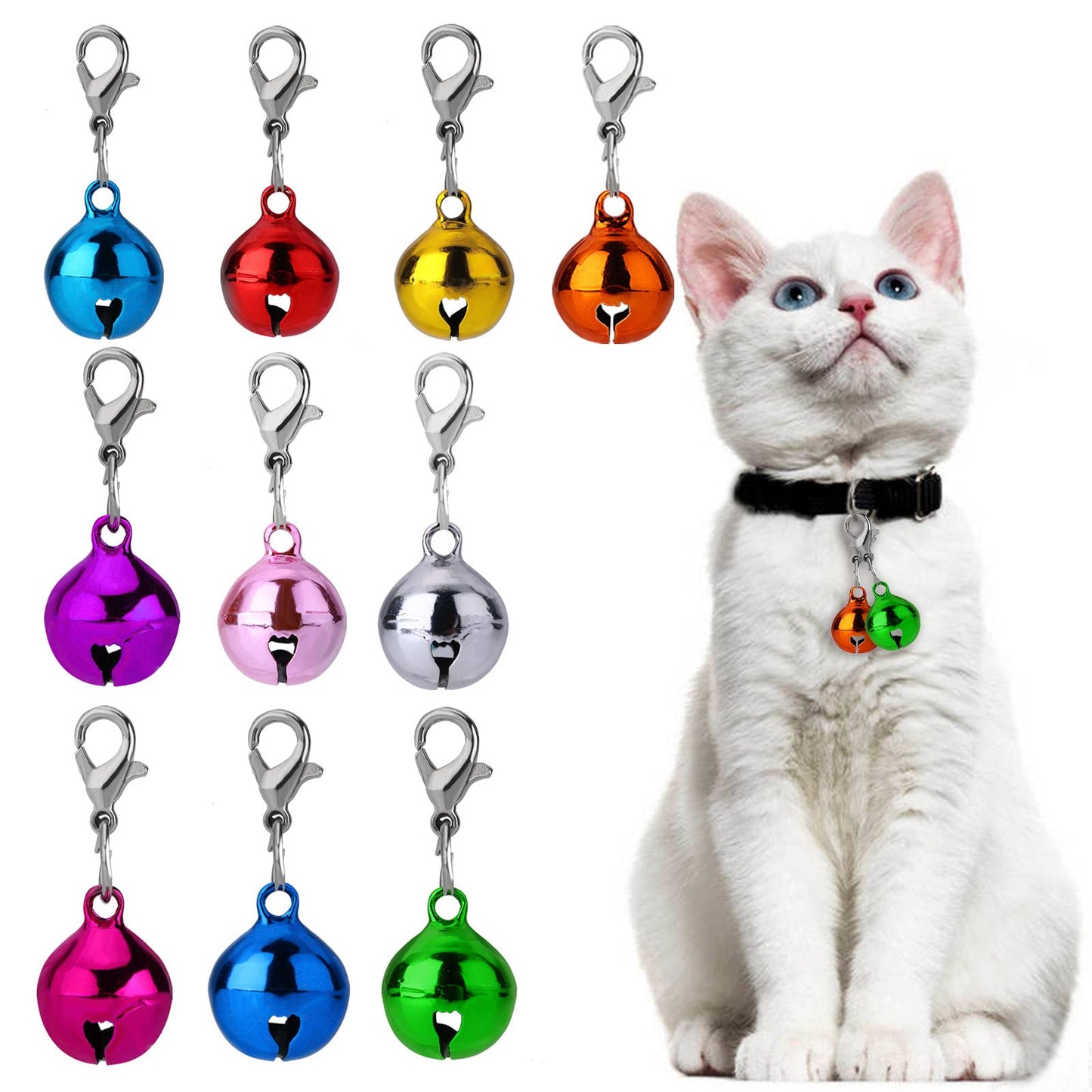 cobee Pet Bells for Dog Cat Collar, 10pcs 14mm Pet Shiny Jingle Bell Pendant Accessories with Stainless Steel Keychain DIY Daily Use Accessories (16 Colors)