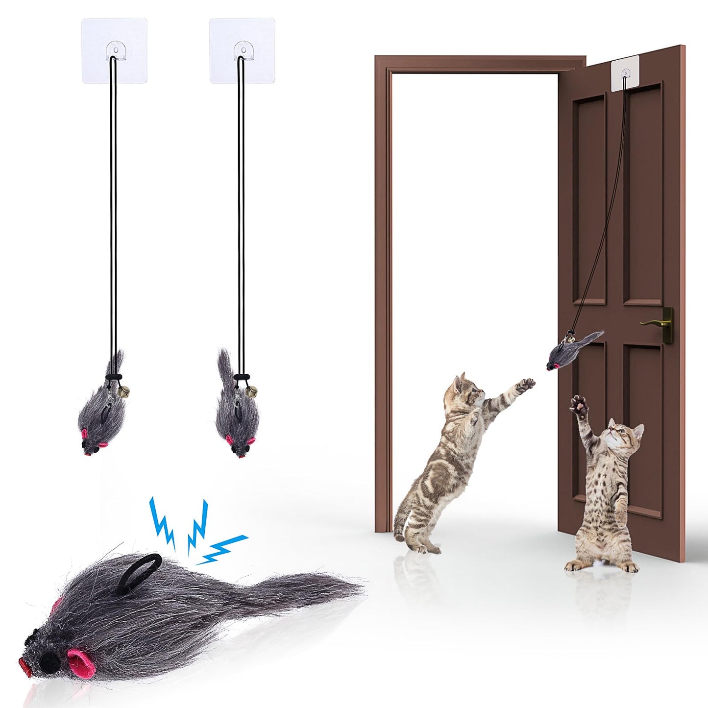 cobee Hanging Cat Toys, Interactive Cat Toys for Indoor Self-Play Cat Bouncing Mice Toys with Adjustable Elastic Rope Doorway Kitten Chasing Hanging Mouse Toys with Bells for Hunt Exercise, 2 Pack