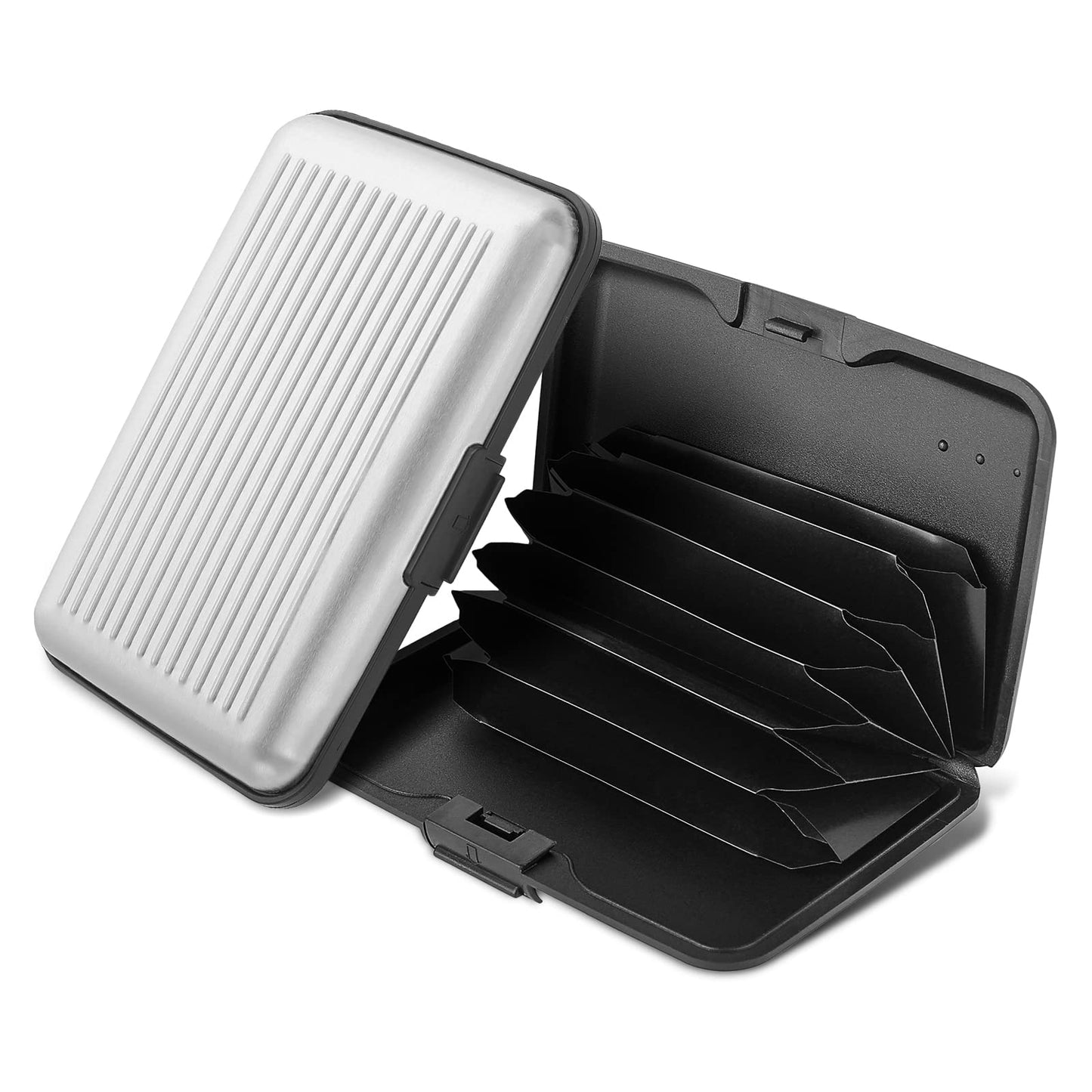 cobee Mini Credit Card Holder, 2pcs RFID Blocking Credit Card Protector Aluminum Business Card Case for Women or Men Metal ID Organizer Wallet with 6 Slots ID Case Travel Wallet(Black, Silver)
