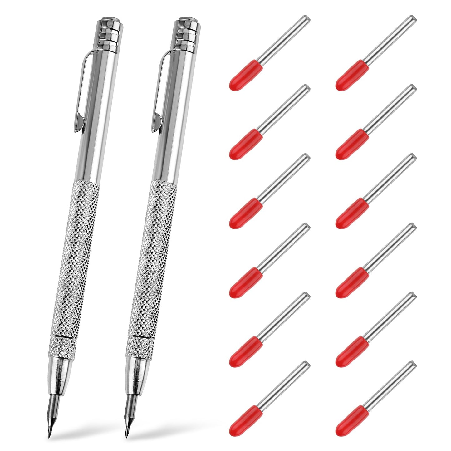 TIEOME 2 PCS Tungsten Carbide Scriber with Magnet with 12 Replacement Marking Tip, Aluminium Etching Engraving Pen Machinist Carbide Scribe Tool Etching Pen With Clip for Glass/Ceramics/Metal Sheet