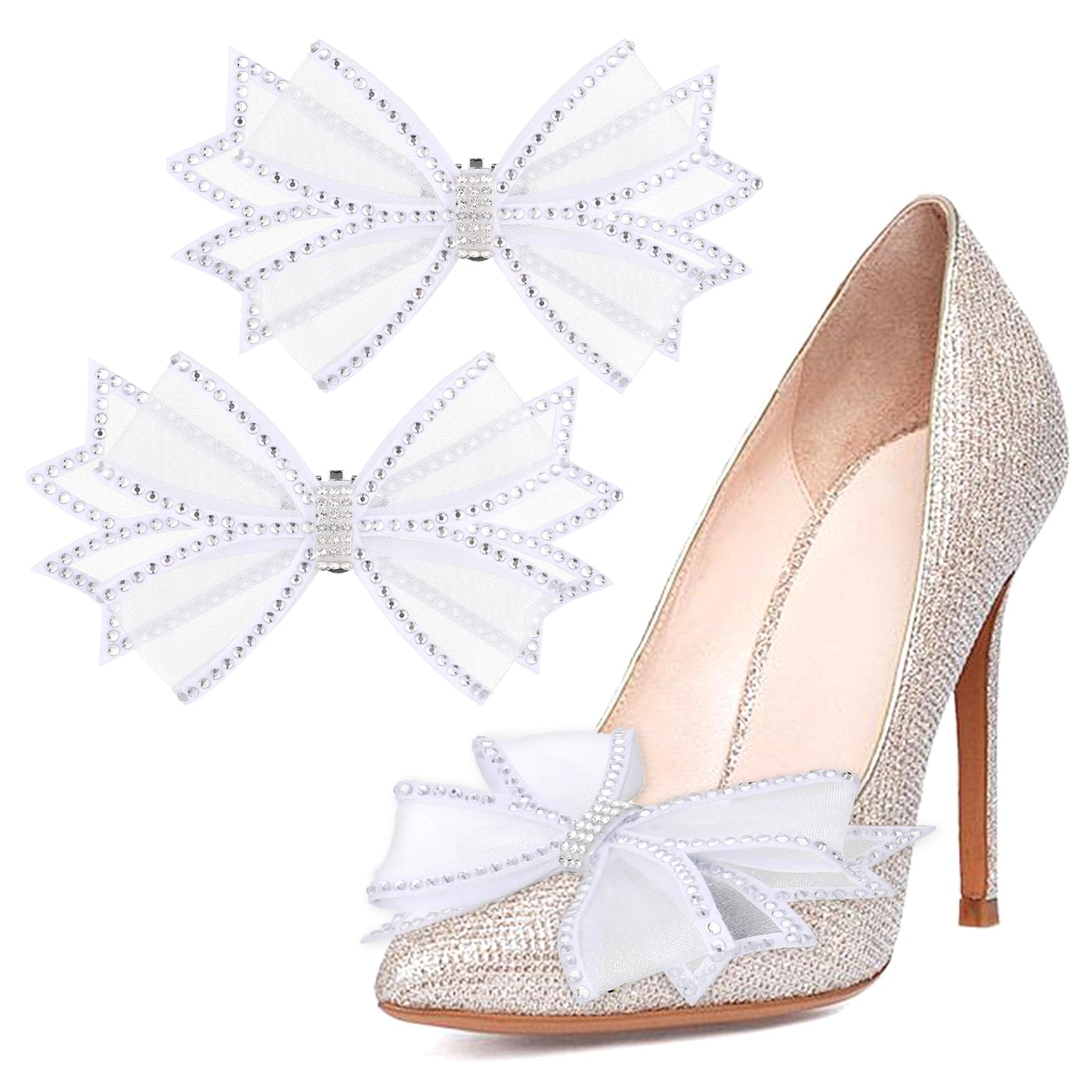 GEEHUA 2 Pcs Shoe Clips for Women Dress Shoes, Mesh Bow Rhinestone High Heel Shoe Clips Buckle Detachable Bow Heels Clothing Accessories for Women Girls Bridal Wedding Party Prom Decorations (White)