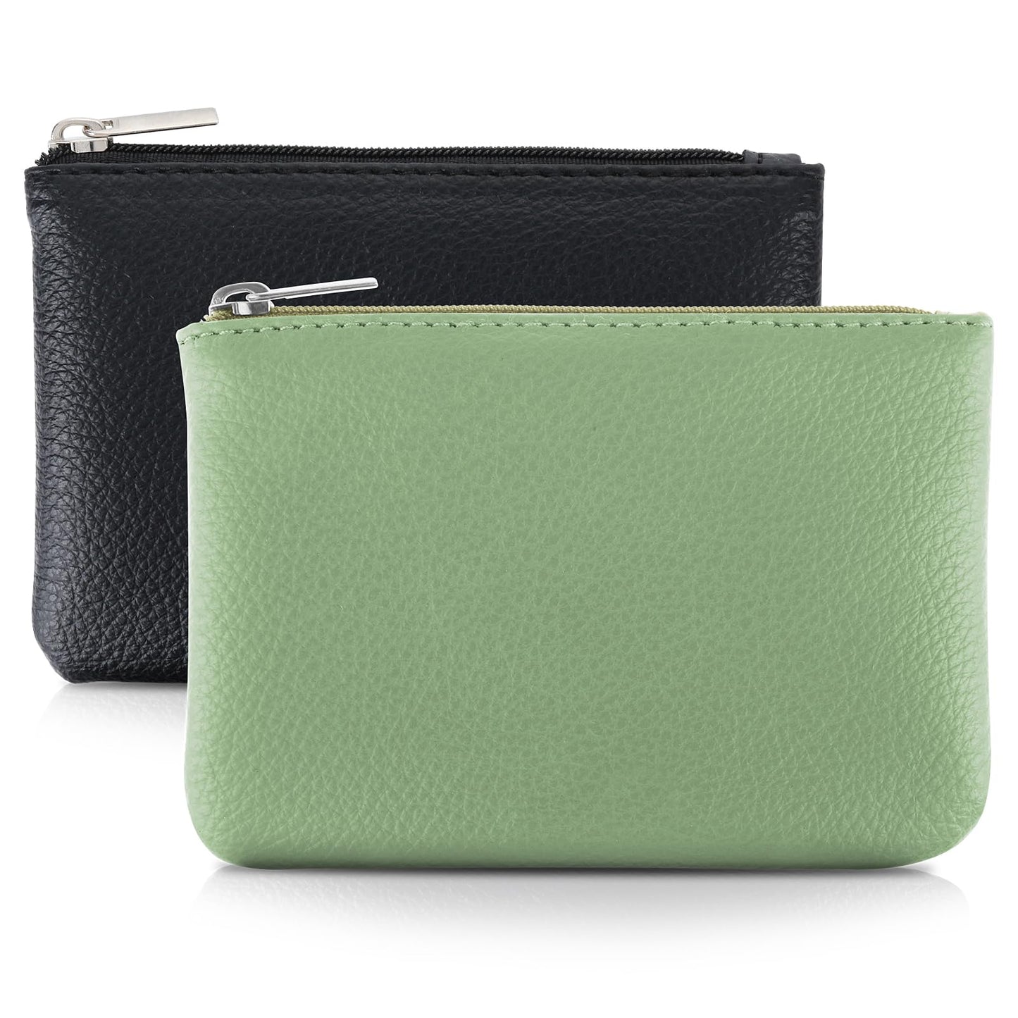 TIESOME 2Pcs Lychee Pattern Coin Purse, PU Zipper Coin Purse Portable Coin Purse Mini Change Wallet for Women Coin Pocket Mini Money for Women Credit Card ID Key Headset Lipstick (Black+Light Green)