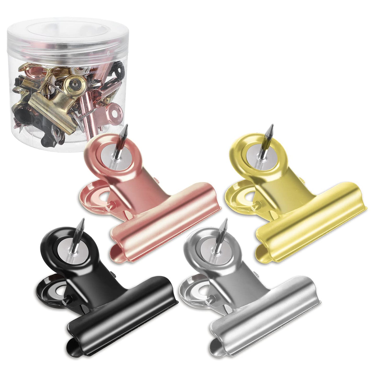 20 Pcs 30 mm Push Pins Clips,5 Black+5 Silver +5 Rose Gold+5 Gold Bulldog Clips,Metal Thumb Tacks,Creative Paper Clips with Tack for Bulletin Board Cork Board and Photo Wall,Home and Office Supplies